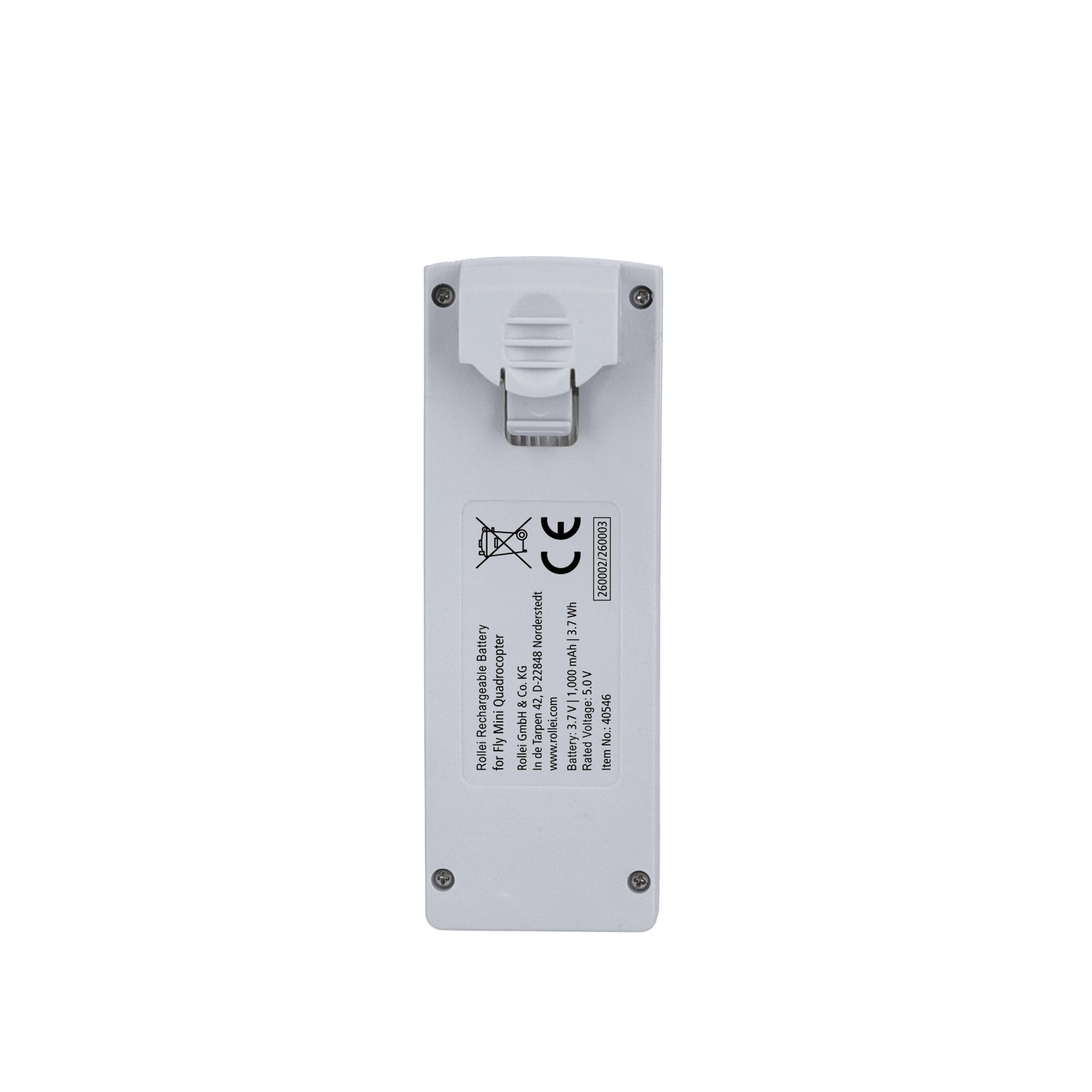 Batteria bianca per drone Rollei con testo e marchio CE.