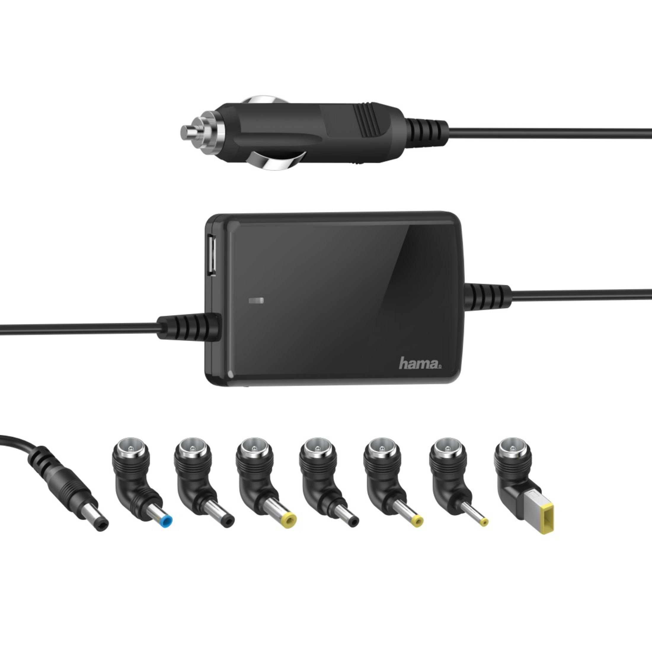 Czarny adapter ładowania laptopa Hama z różnymi złączami.