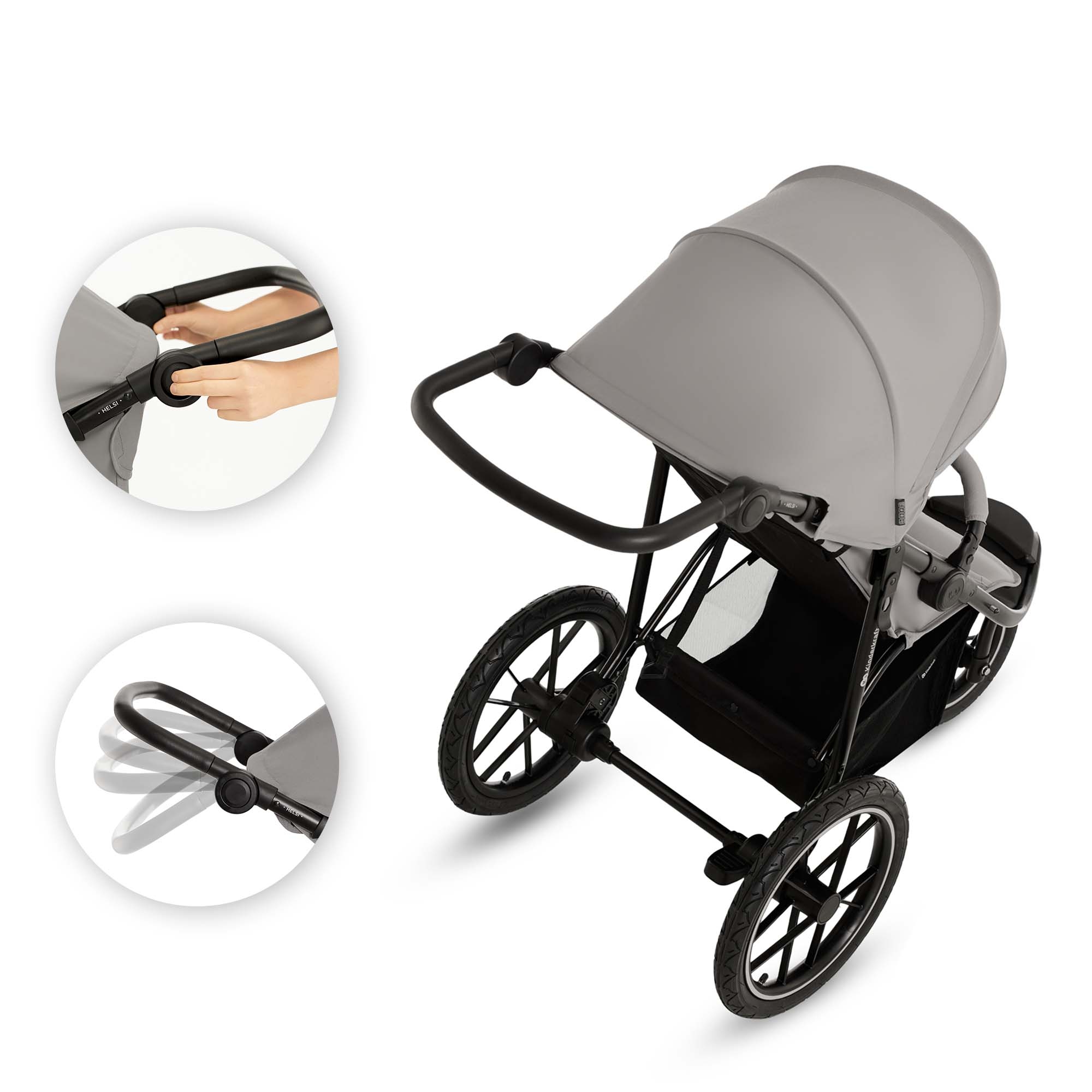 Ein grauer Kinderwagen mit schwarzen Rädern und Griffen auf weißem Hintergrund.