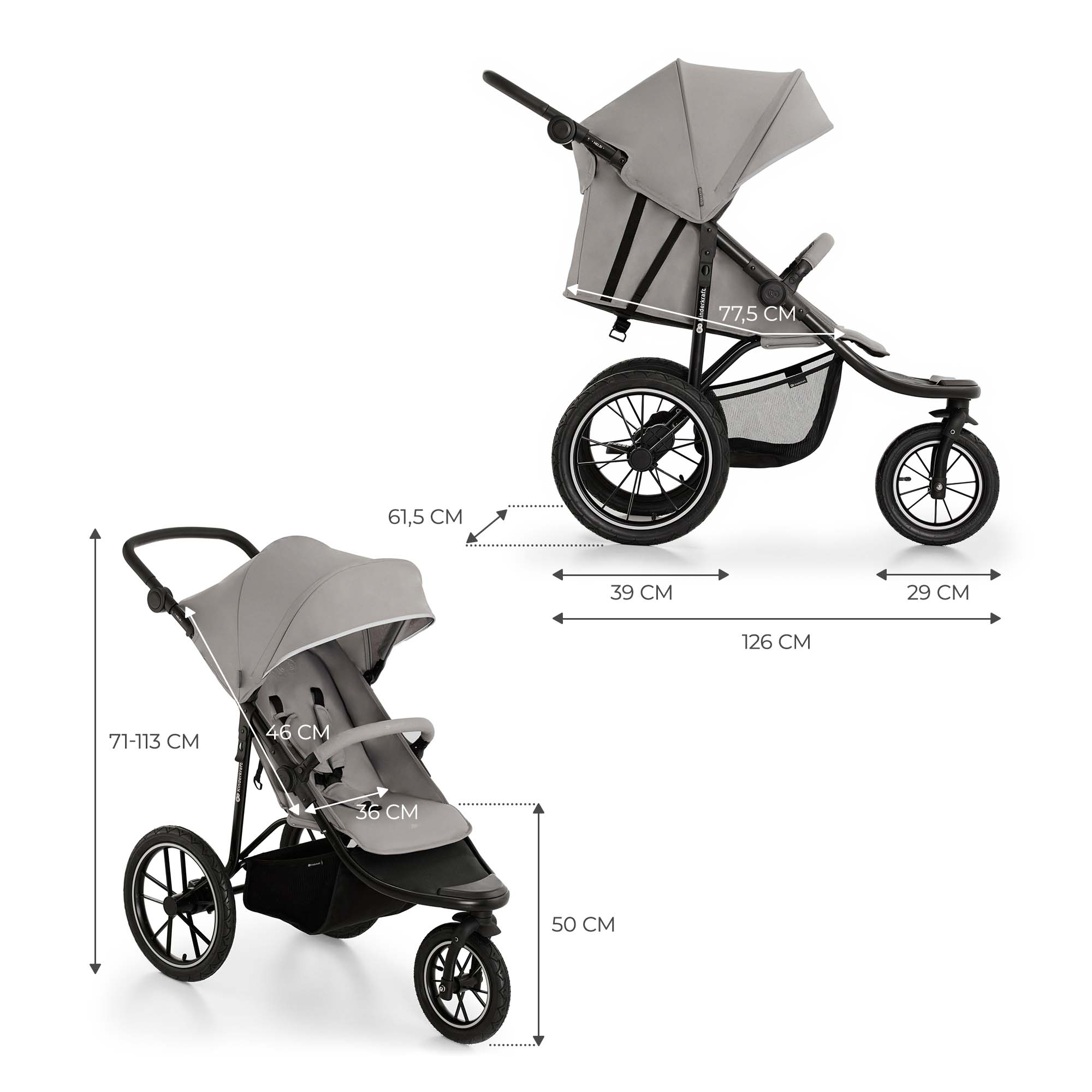 Grauer Kinderwagen mit Maßen, großen Rädern und Aufbewahrungskorb.