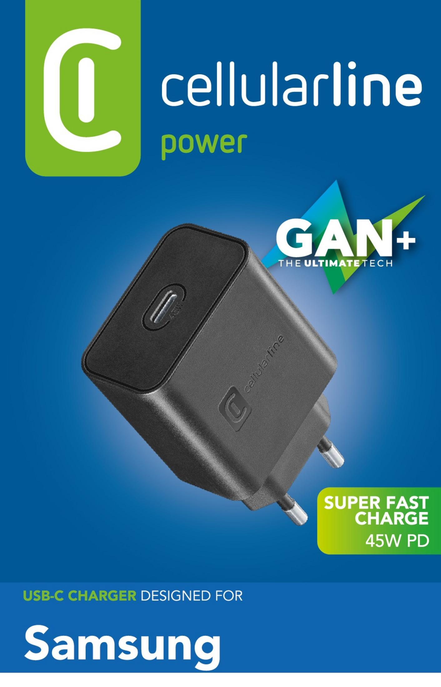 Caricatore USB-C nero Cellularline con 45W PD, per Samsung.