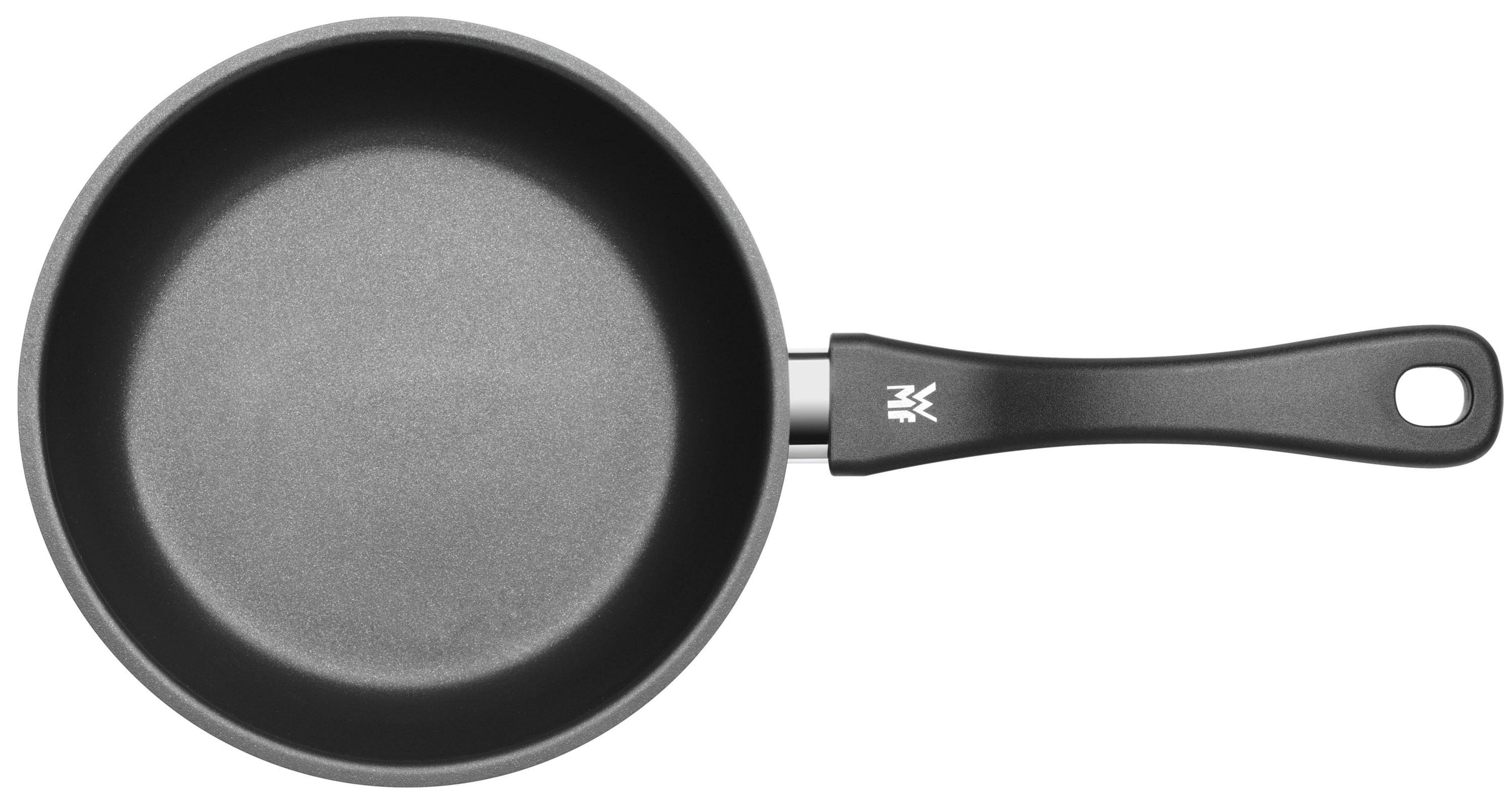 Graue Pfanne mit schwarzem Griff und Logo.