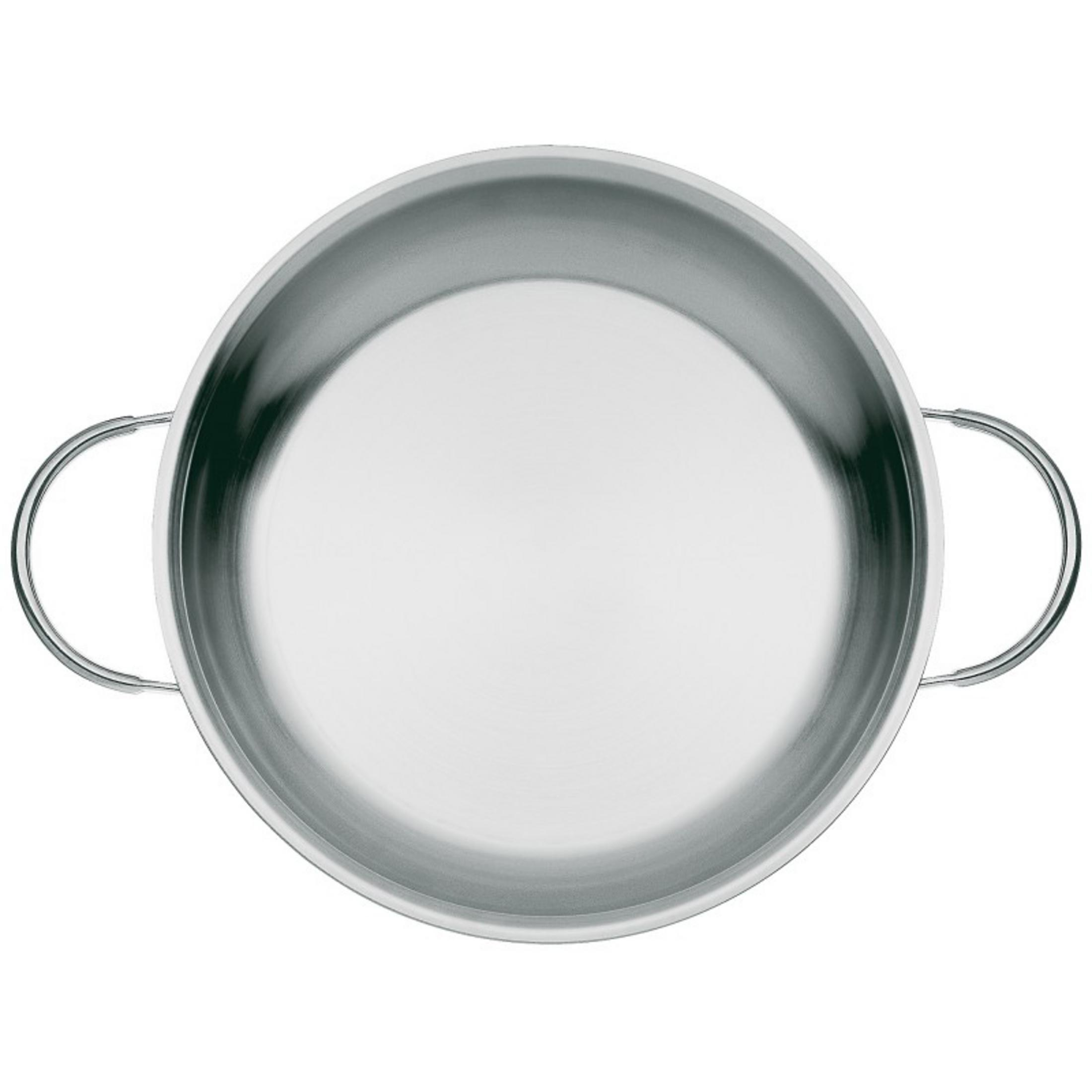 Eine leere, glänzende Metallpfanne mit zwei Griffen, von oben betrachtet.