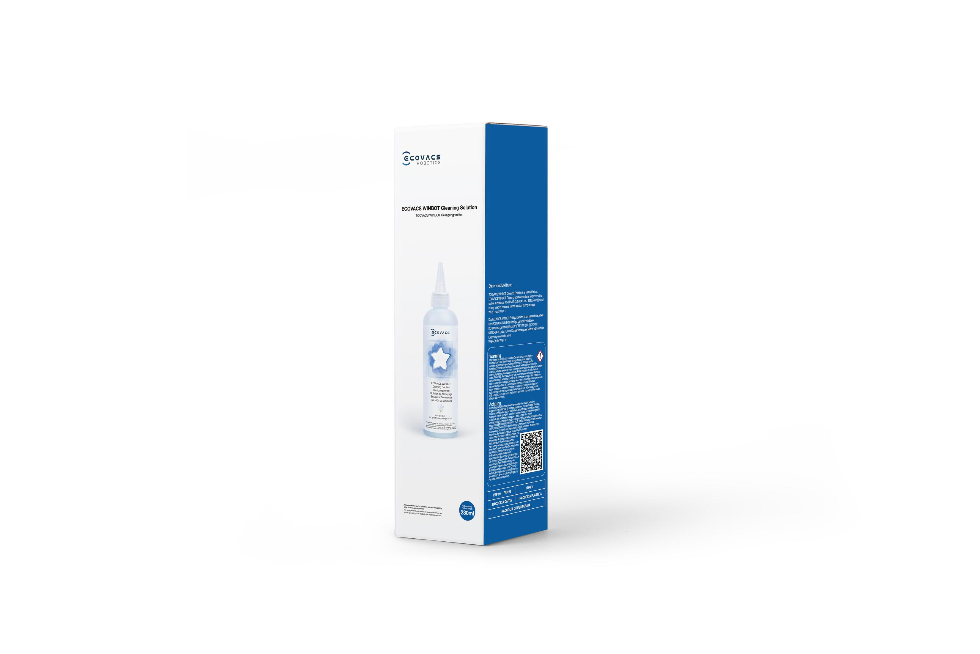 Białe pudełko z butelką płynu czyszczącego ECOVACS WINBOT.
