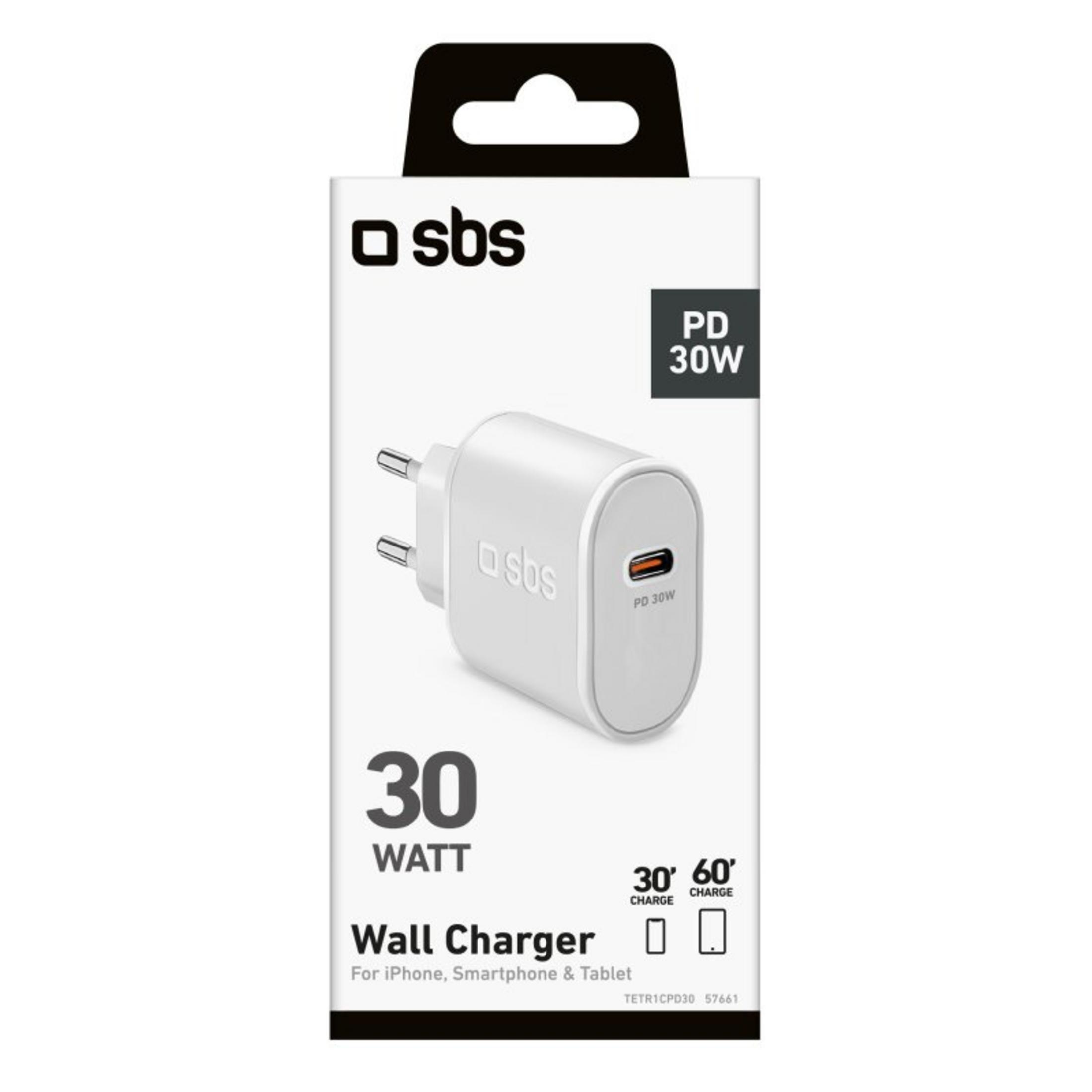 Caricatore a muro SBS 30W PD con porta USB-C e due pin.