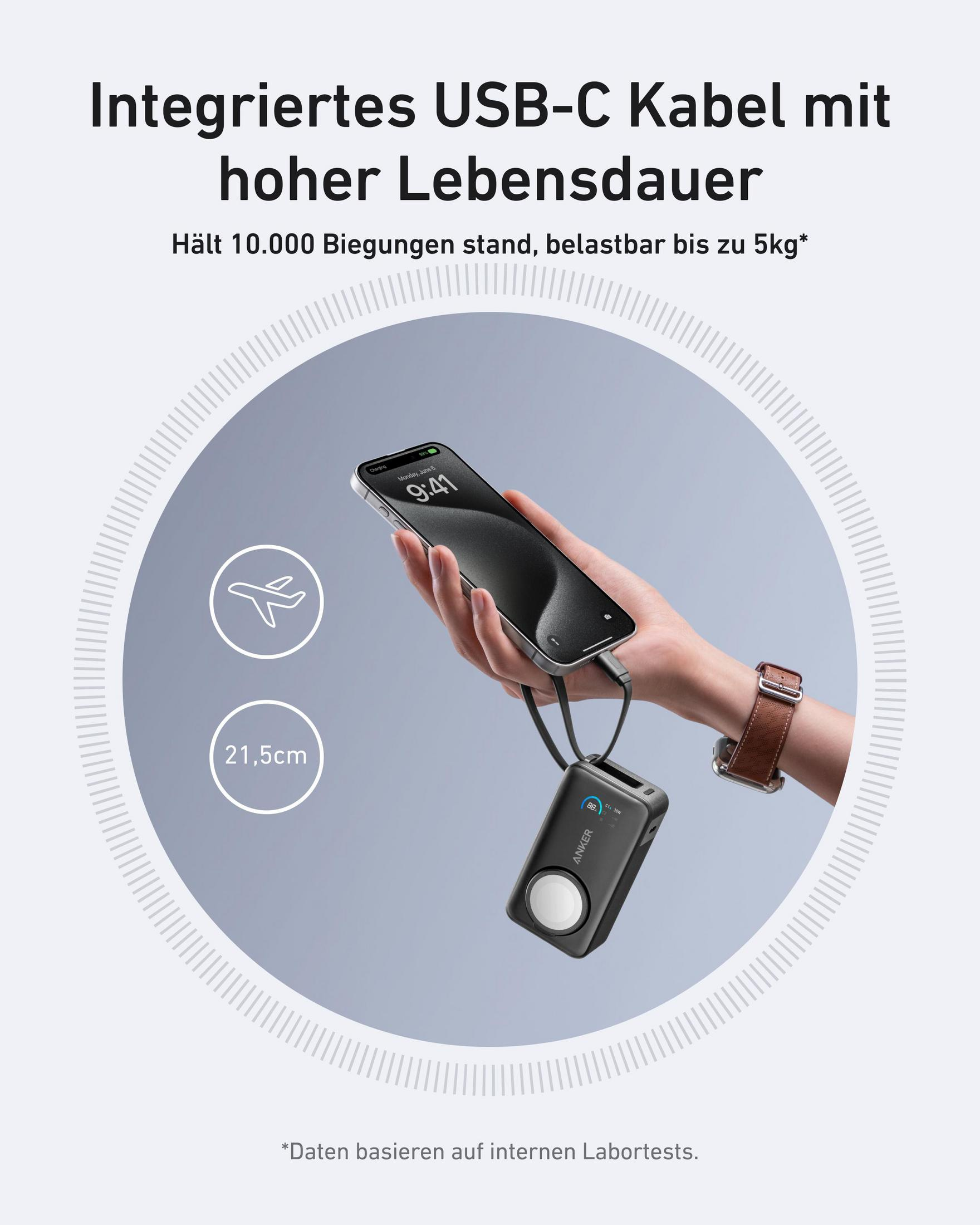 Dłoń trzyma smartfon podłączony do kabla USB-C i powerbanku.