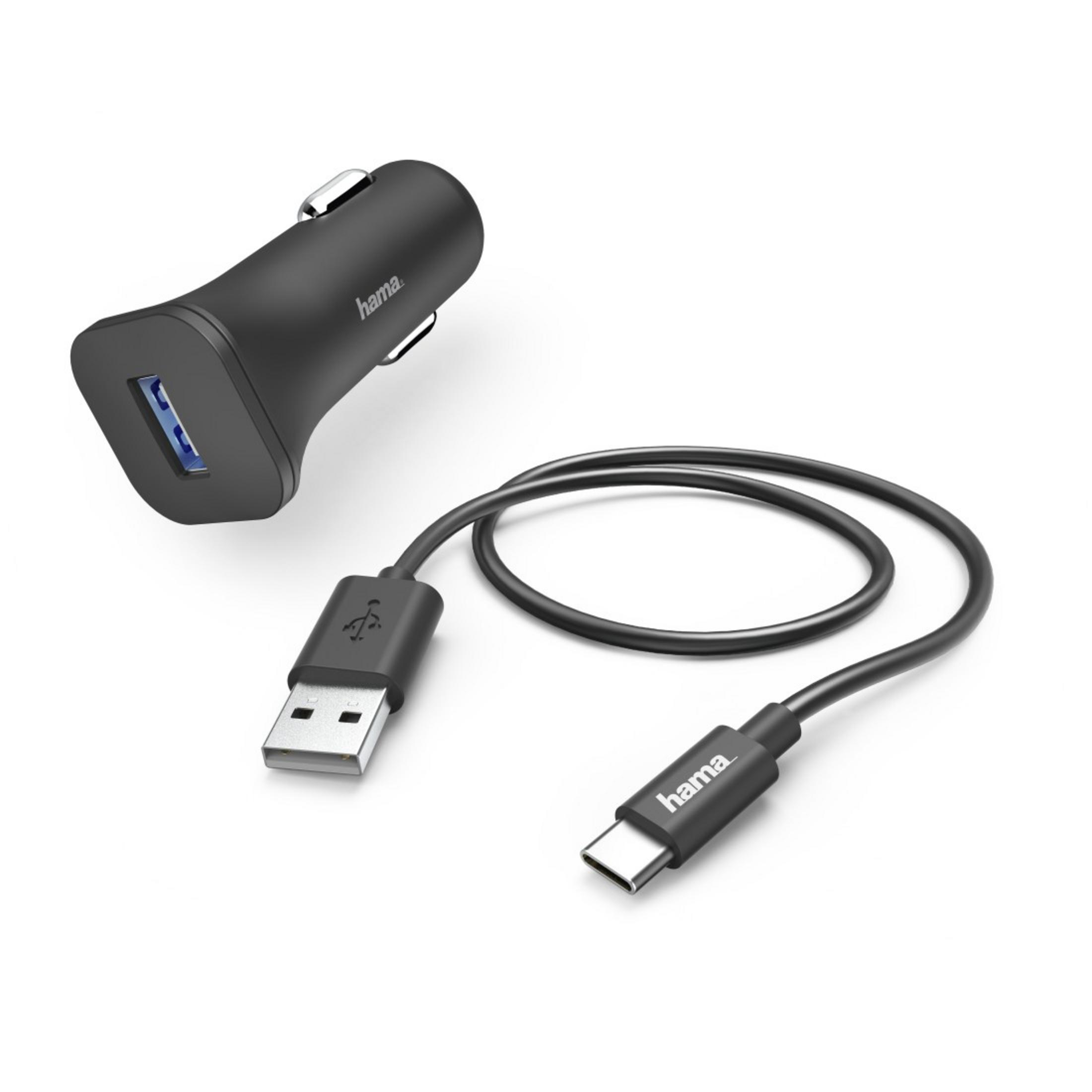 Schwarzer Hama KFZ-Ladeadapter mit USB-A und USB-C Kabel auf weißem Grund.