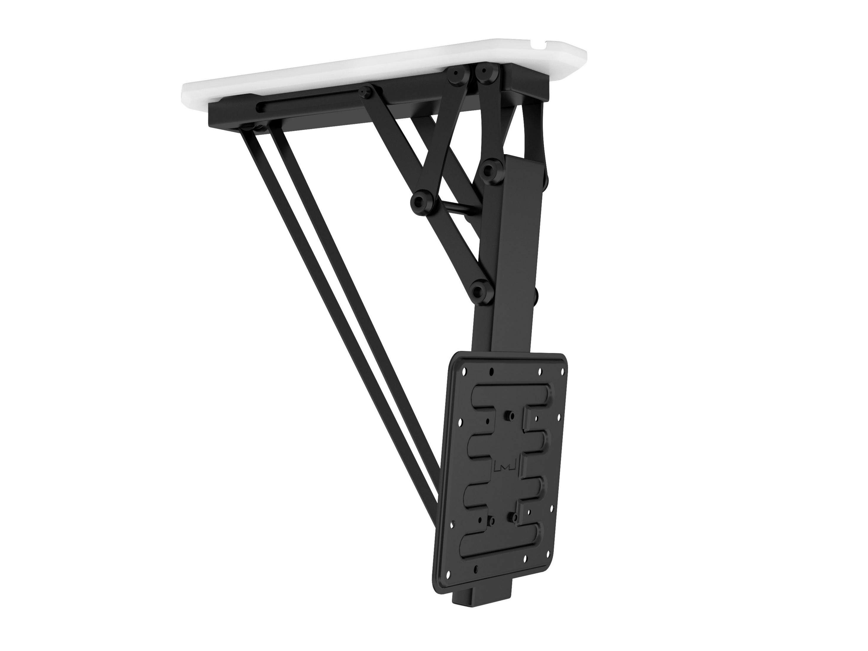 Support de plafond pliable noir avec une plaque blanche et un support d'écran.