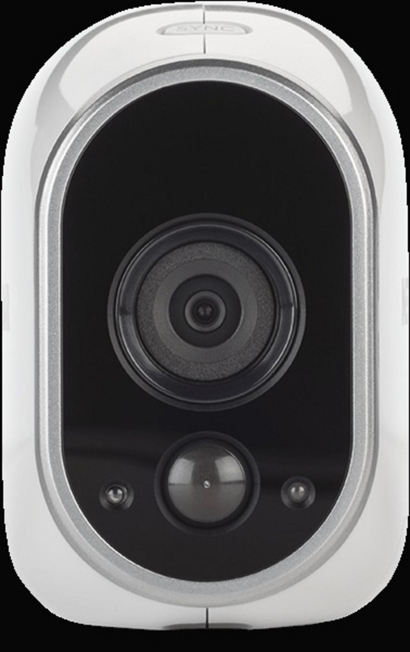 Telecamera di sicurezza bianca con lente nera e finiture argentate. Pulsante Sync in alto.