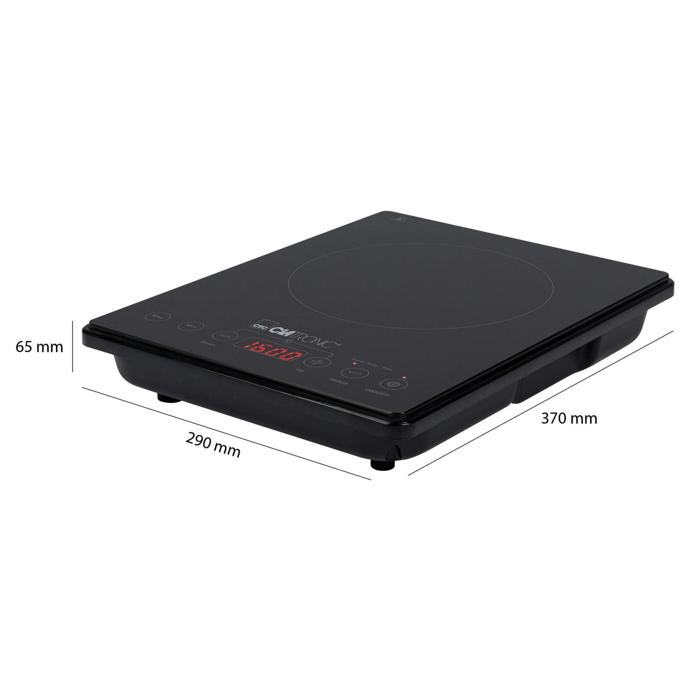Czarna płyta indukcyjna z cyfrowym wyświetlaczem i wymiarami.