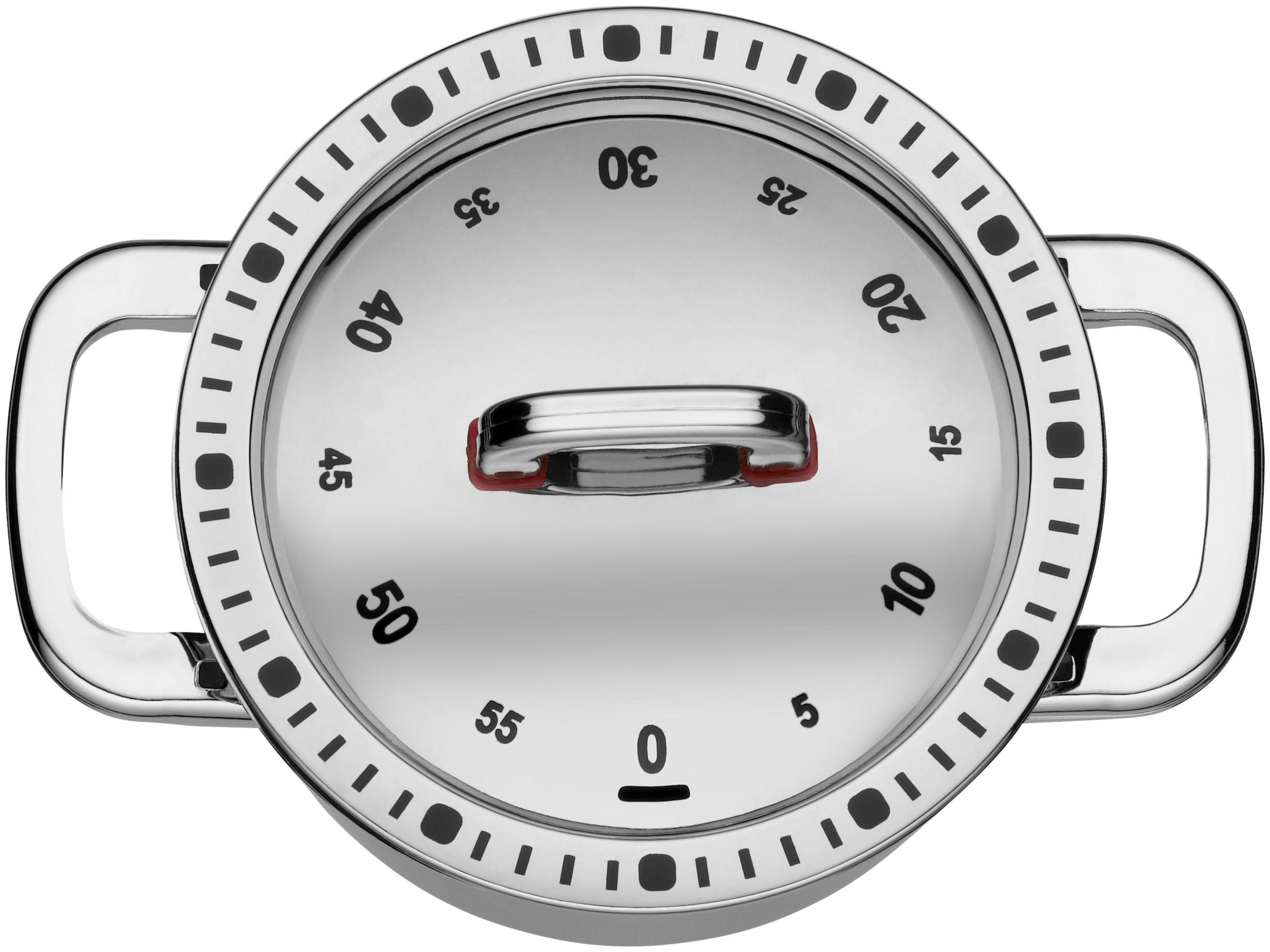 Pentola in acciaio inox con coperchio timer, scala 0-60 minuti.