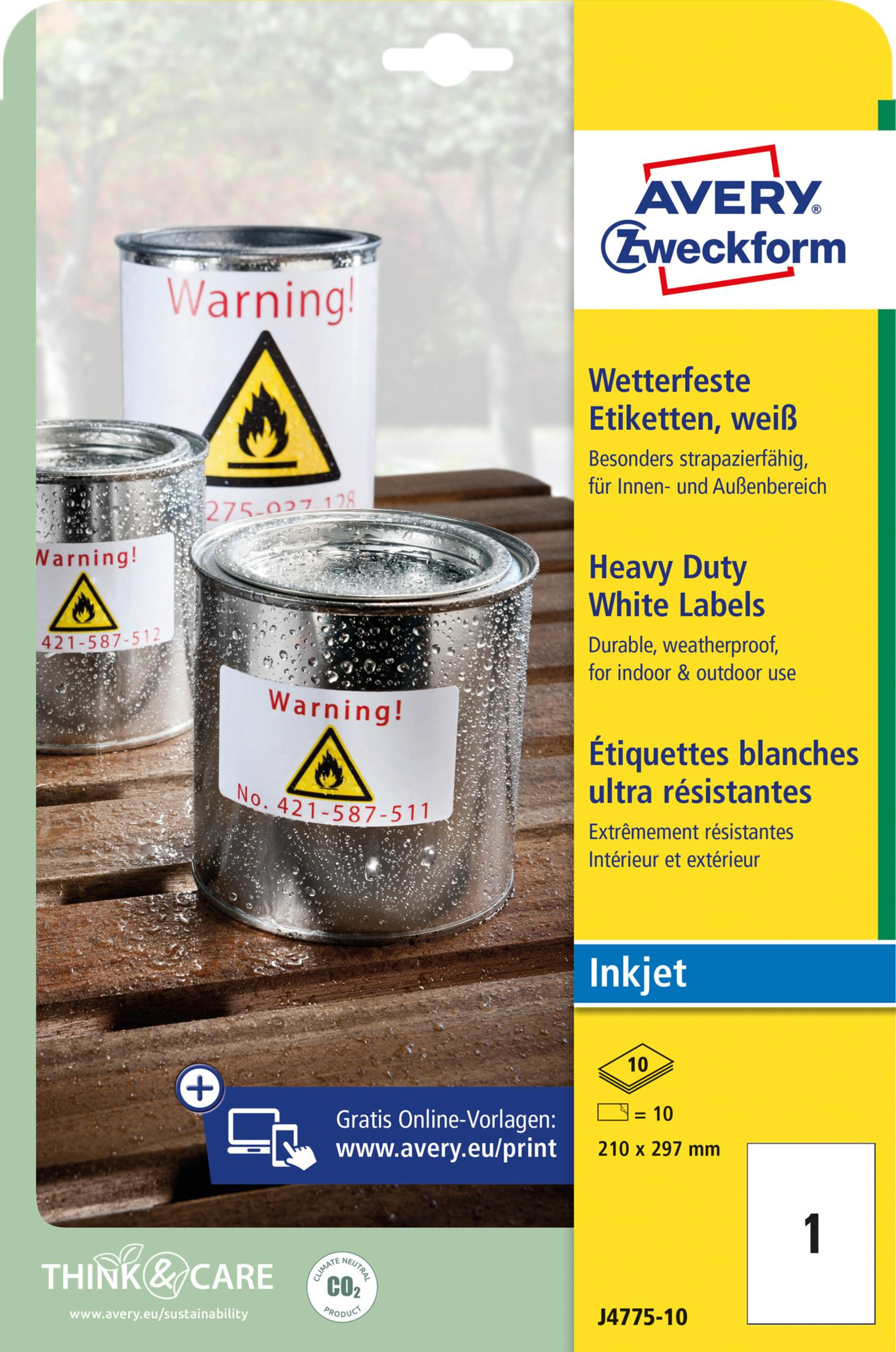 Drei Dosen mit Warnhinweisen und Flammen-Symbol, Avery Zweckform Etiketten.