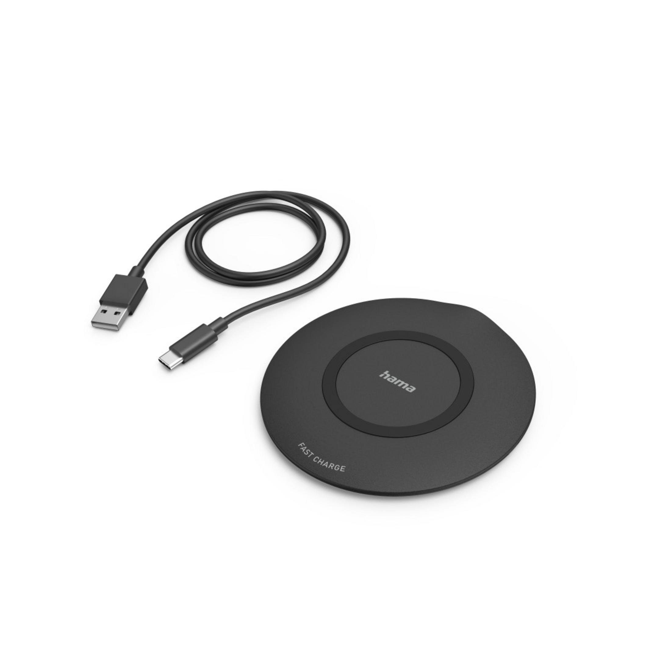Schwarzes kabelloses Ladegerät mit USB-C-Kabel auf weißem Hintergrund.