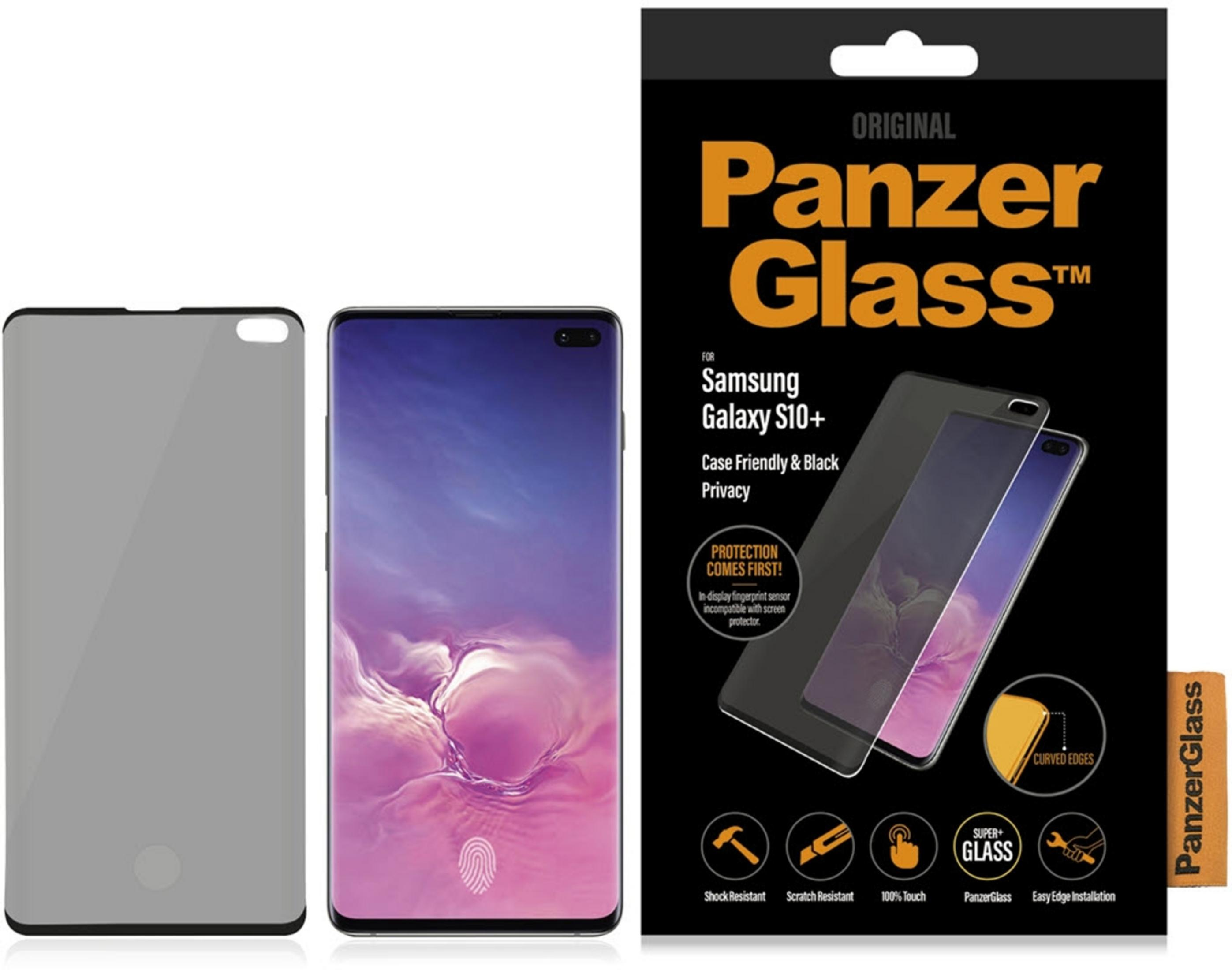 Opakowanie PanzerGlass dla Samsung S10+ z szarym ochraniaczem ekranu i telefonem.