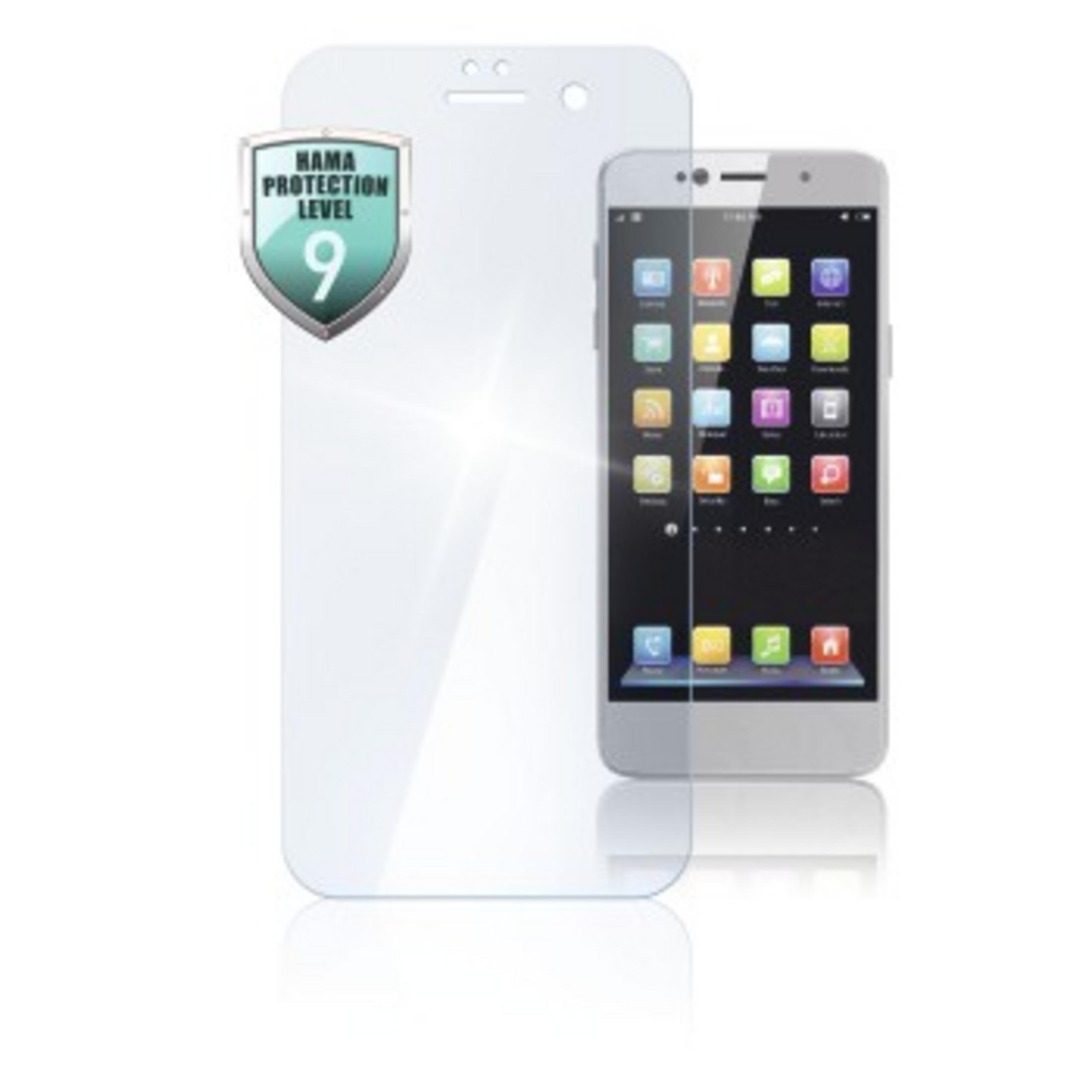 Folia ochronna na ekran z tarczą 'Hama Protection Level 9' obok smartfona.