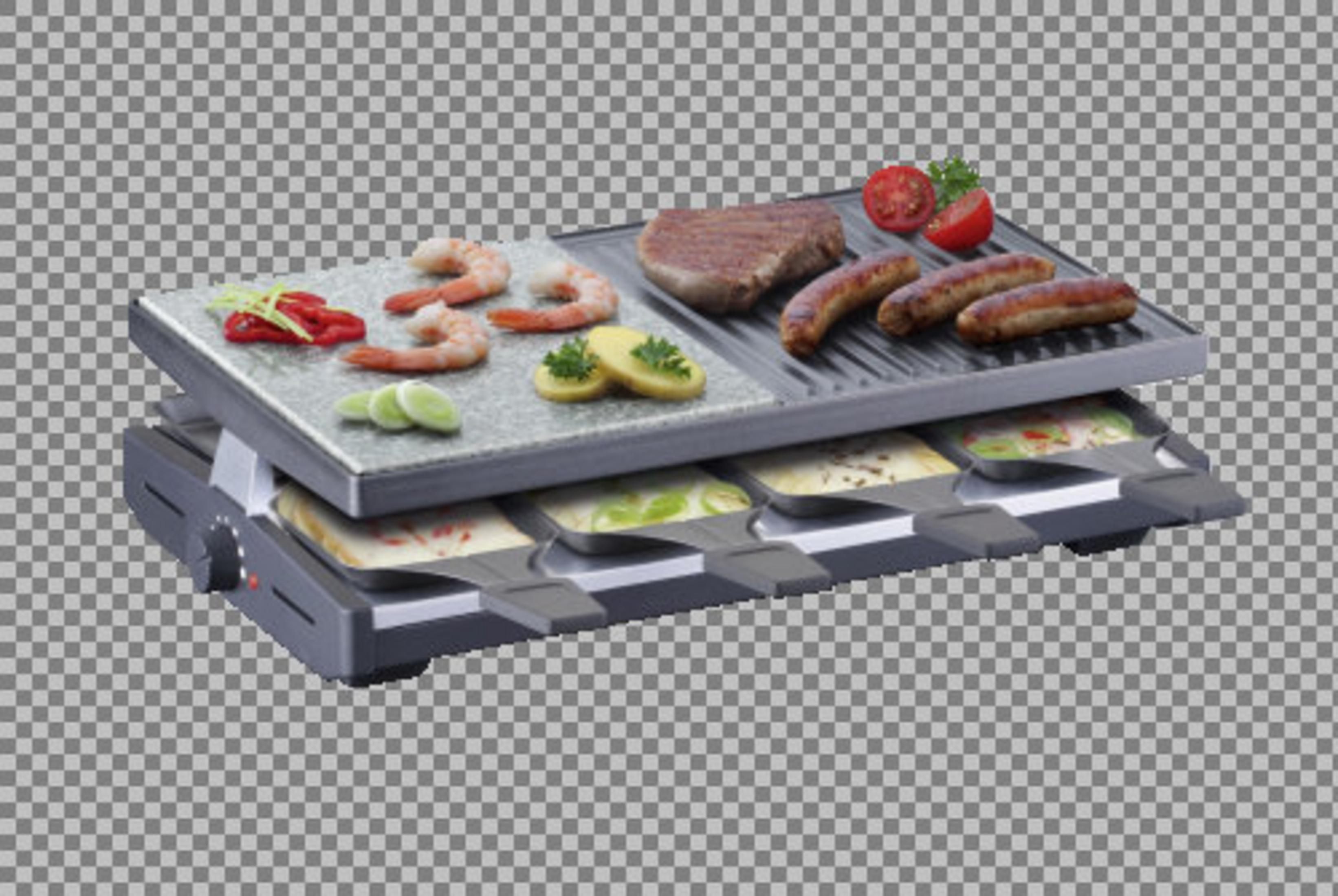 Raclette-Grill mit Steak, Würstchen, Garnelen und Gemüse. Käseschmelzpfannen darunter.