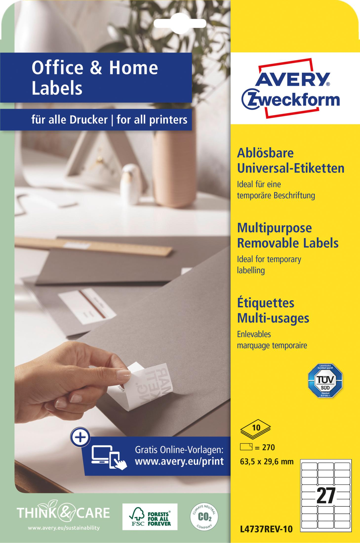 Avery Zweckform Etiketten: Office & Home, ablösbar, 270 Stk., 63,5x29,6mm.