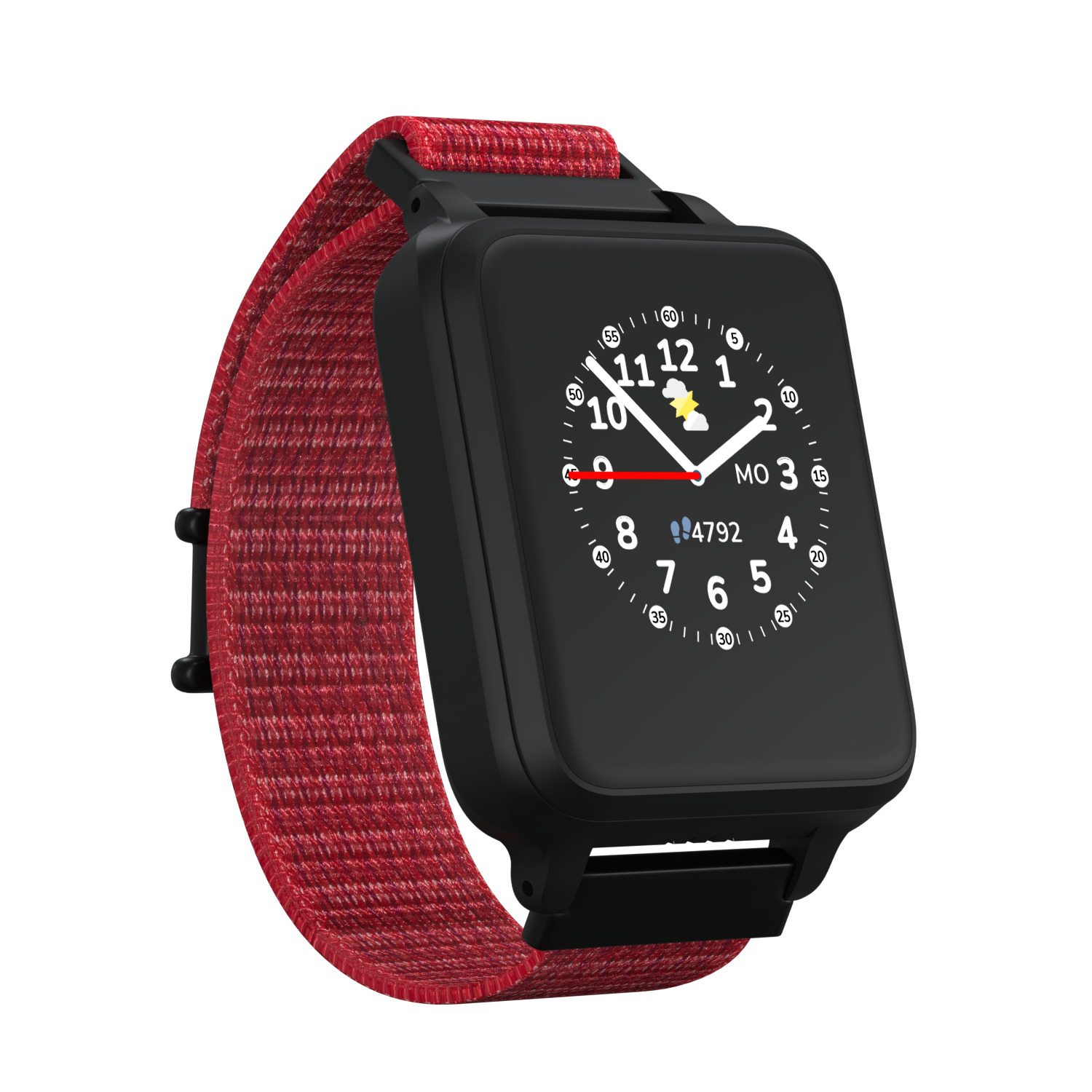 Eine schwarze Smartwatch mit rotem Stoffarmband und digitaler Anzeige.