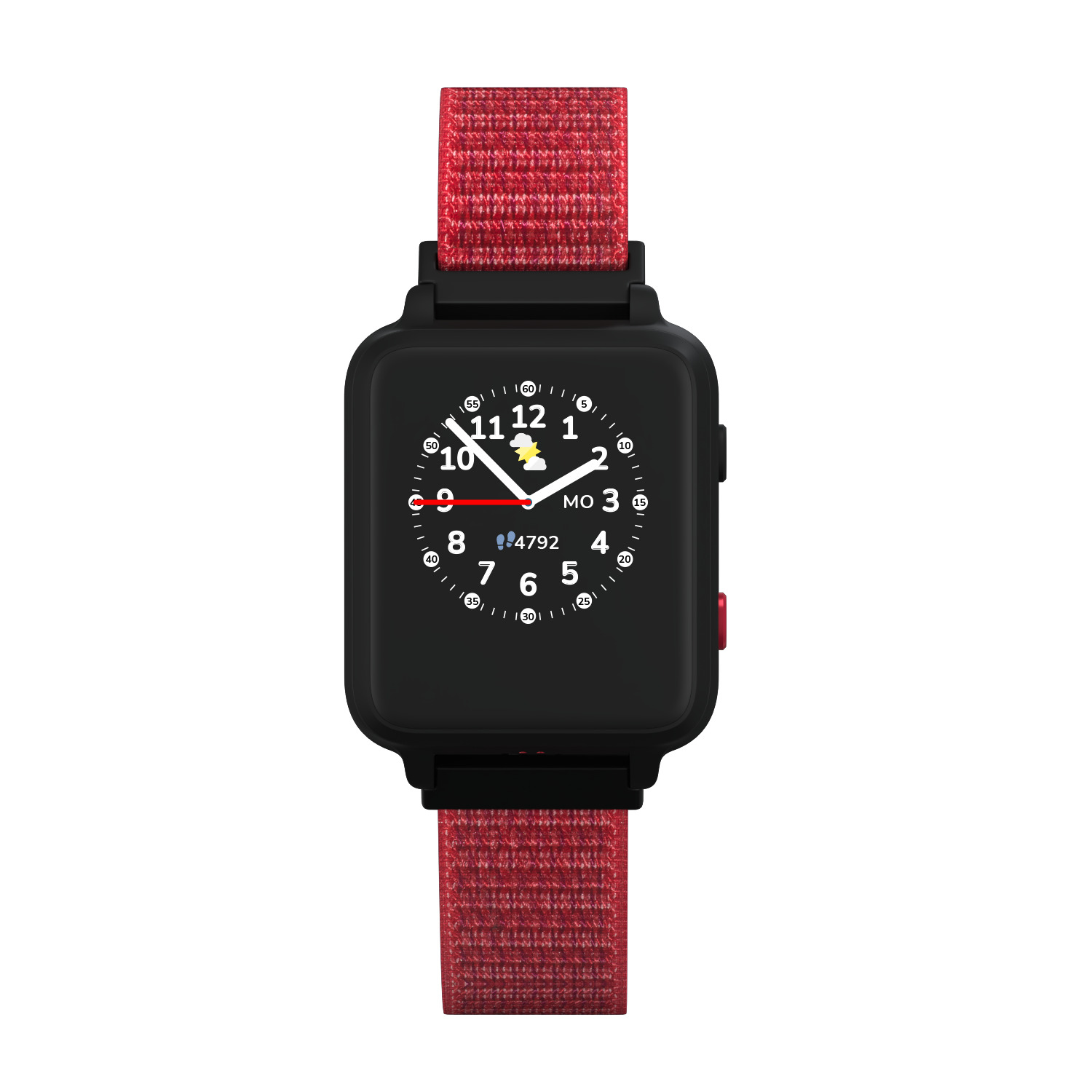 Schwarze Smartwatch mit rotem Stoffarmband. Zifferblatt zeigt 10:47 Uhr.