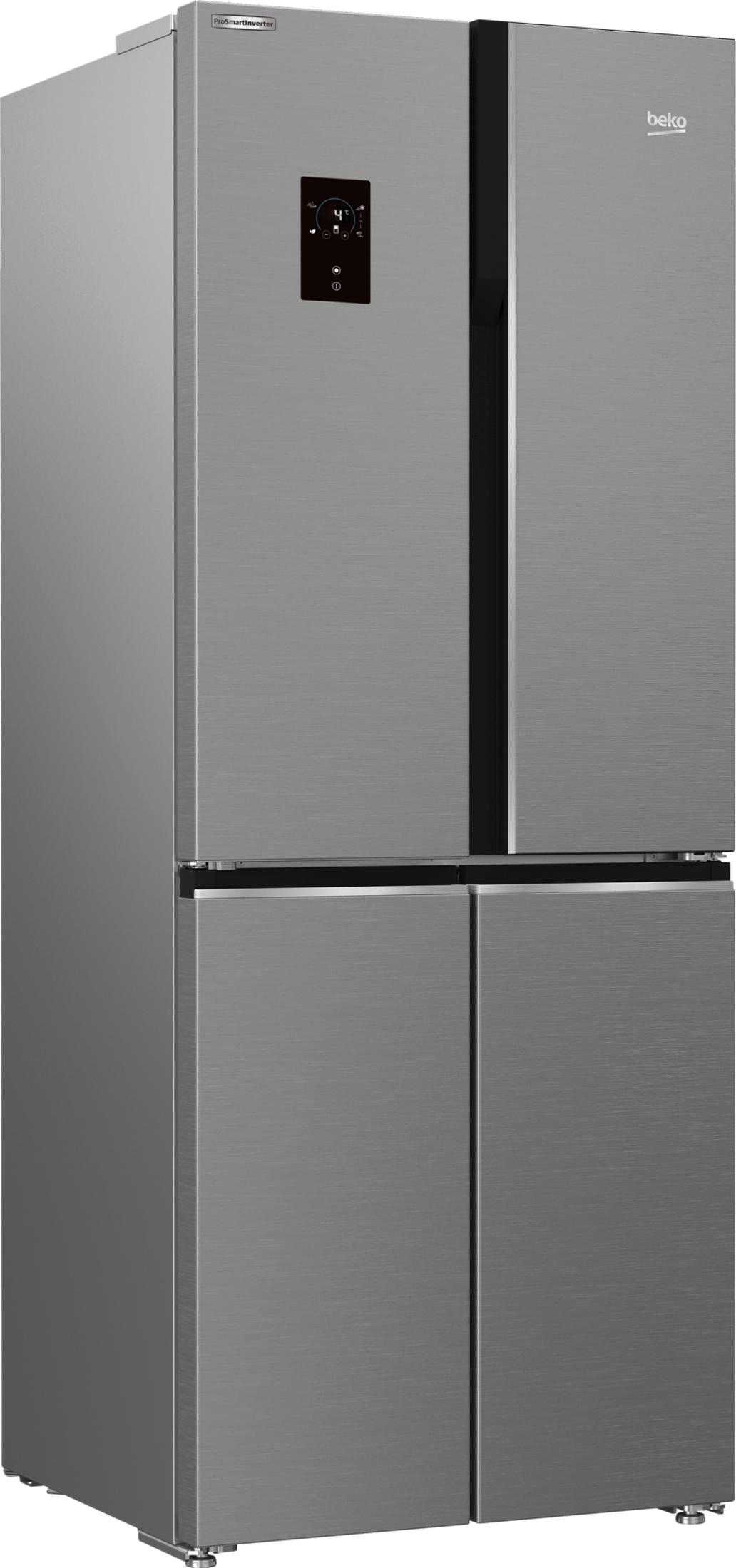 Refrigerador moderno plateado de cuatro puertas con panel digital.
