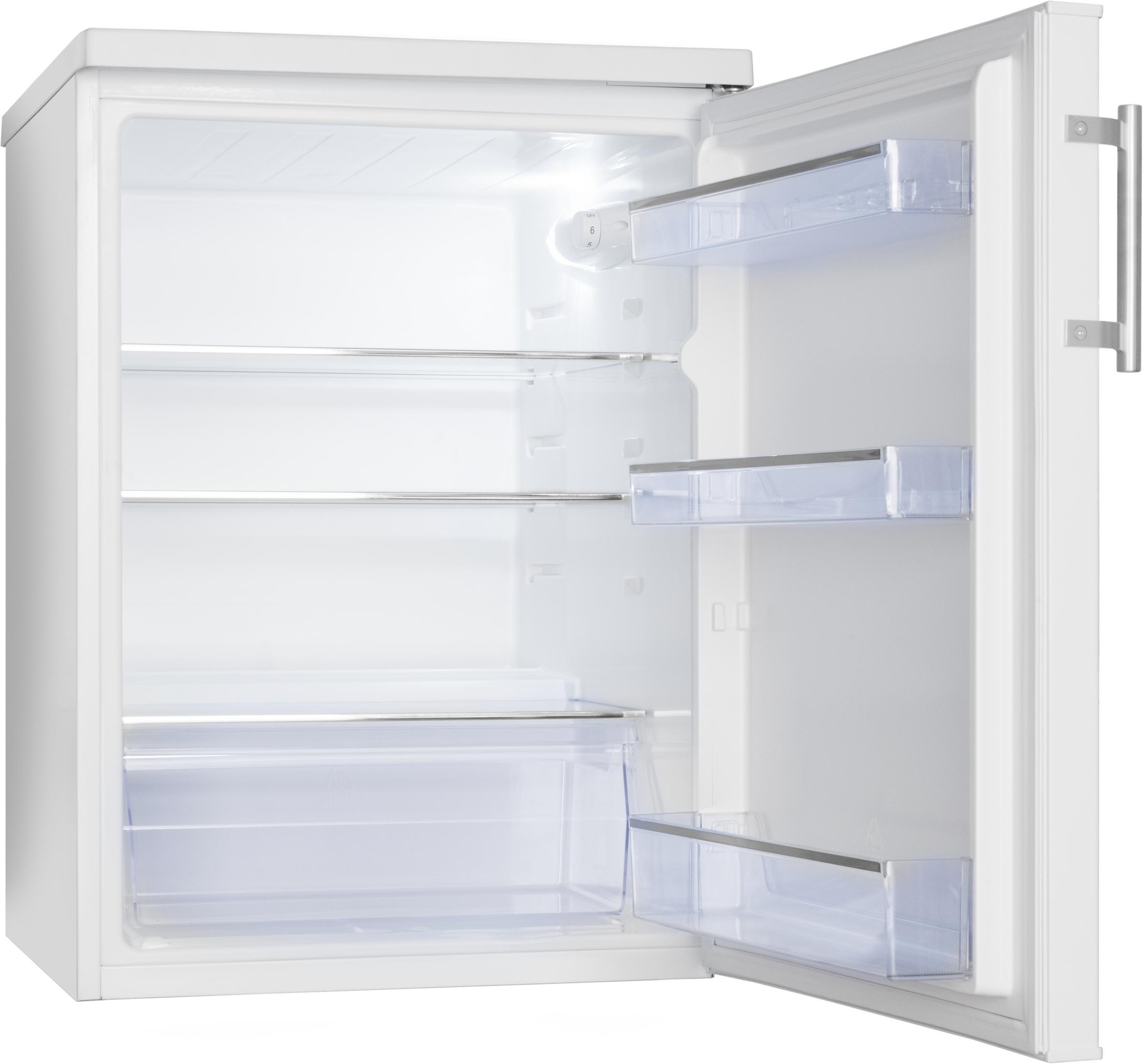 Ein leerer weißer Kühlschrank mit offener Tür und durchsichtigen Fächern.