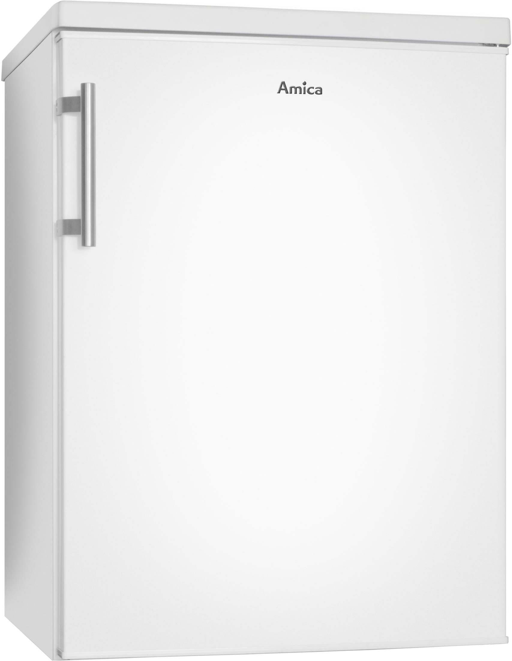 Ein weißer Amica Kühlschrank mit silbernem Griff.