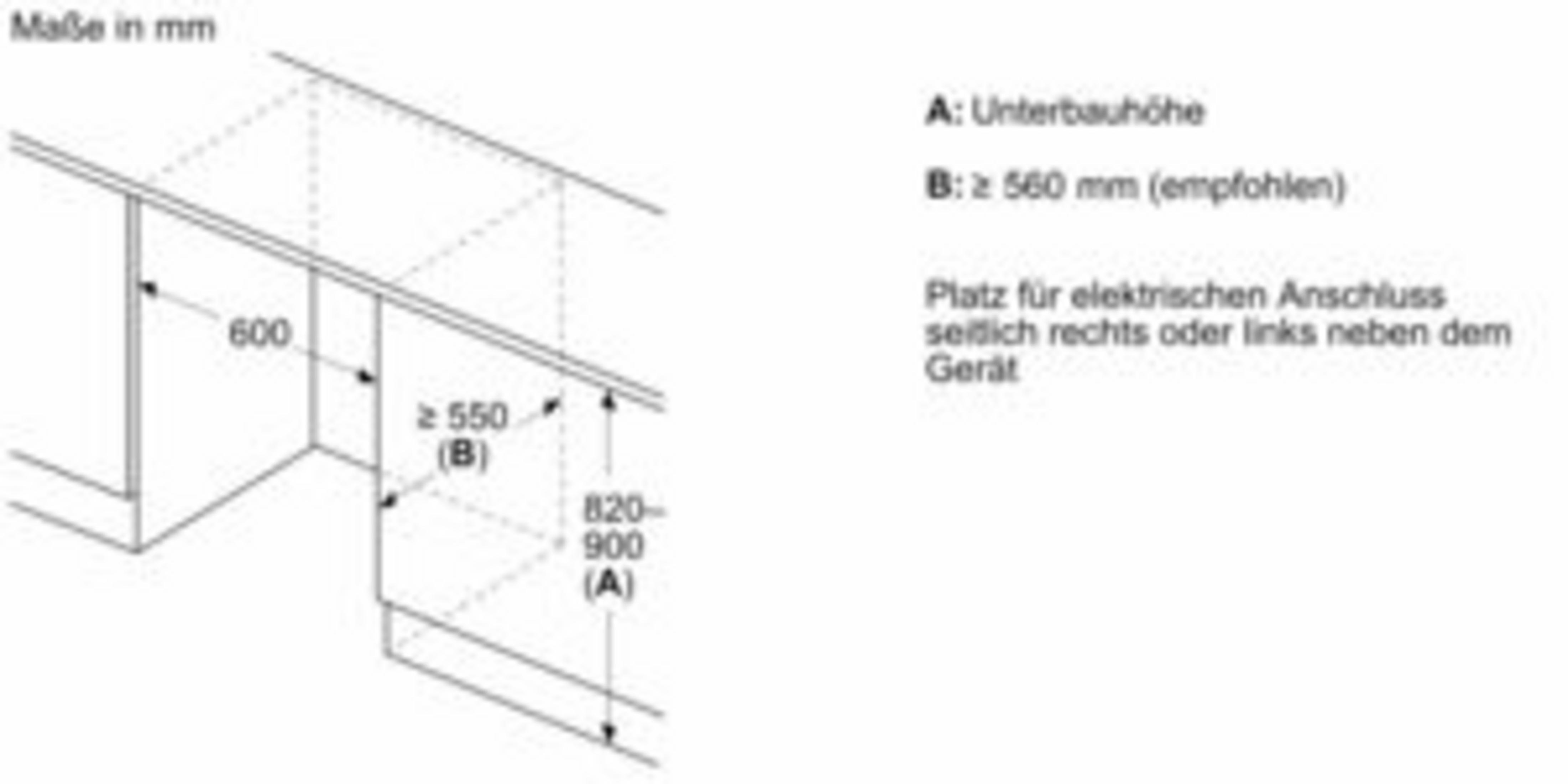 Technische Zeichnung mit Maßen für Einbaugeräte. A: Unterbauhöhe, B: 560 mm.