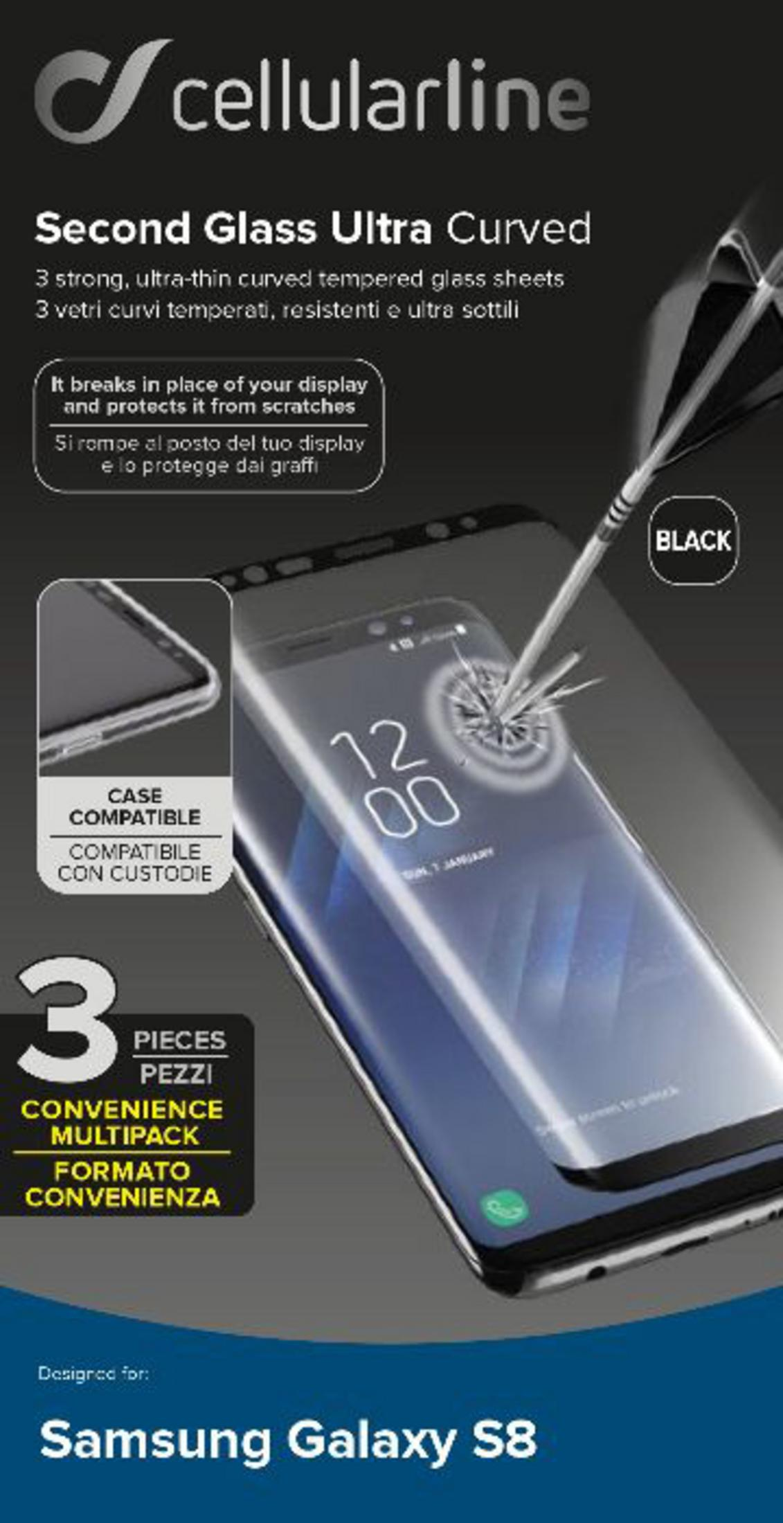 Una protezione in vetro nera Cellularline viene applicata su uno smartphone Samsung Galaxy S8.