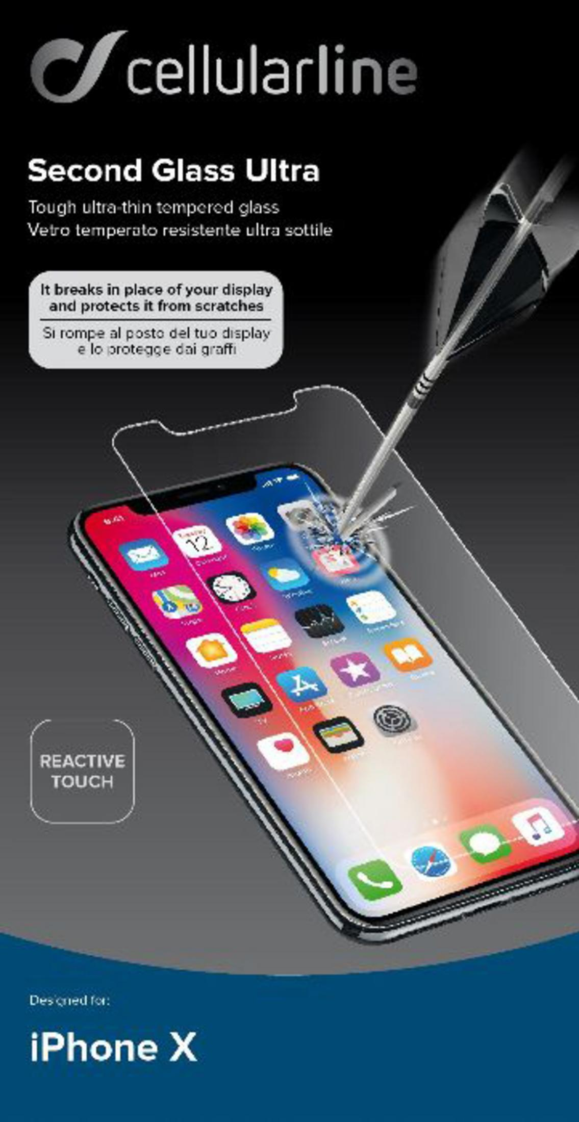 Gehard glas protector op iPhone X, met Cellularline logo.