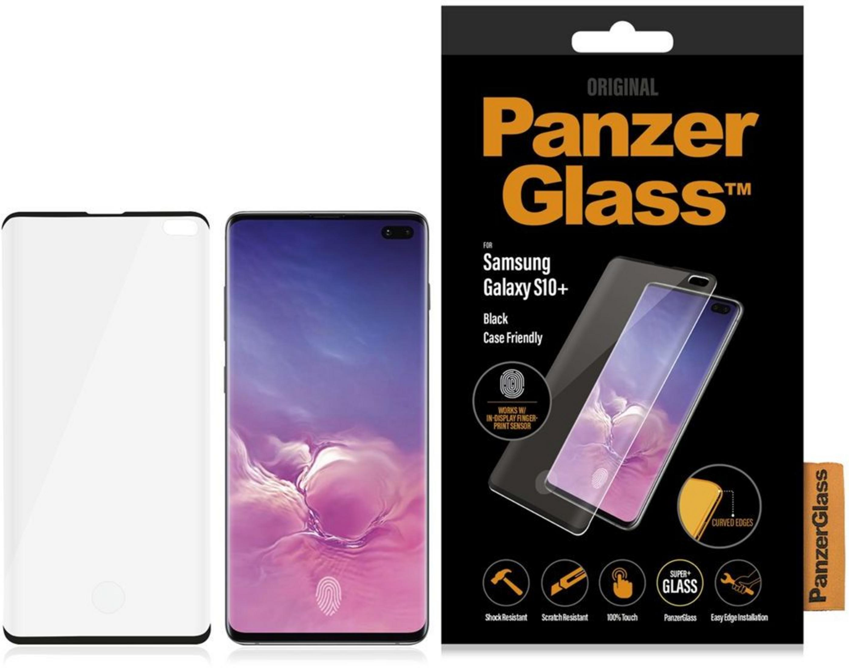 Confezione di protezione schermo PanzerGlass per Samsung Galaxy S10+ con due telefoni.
