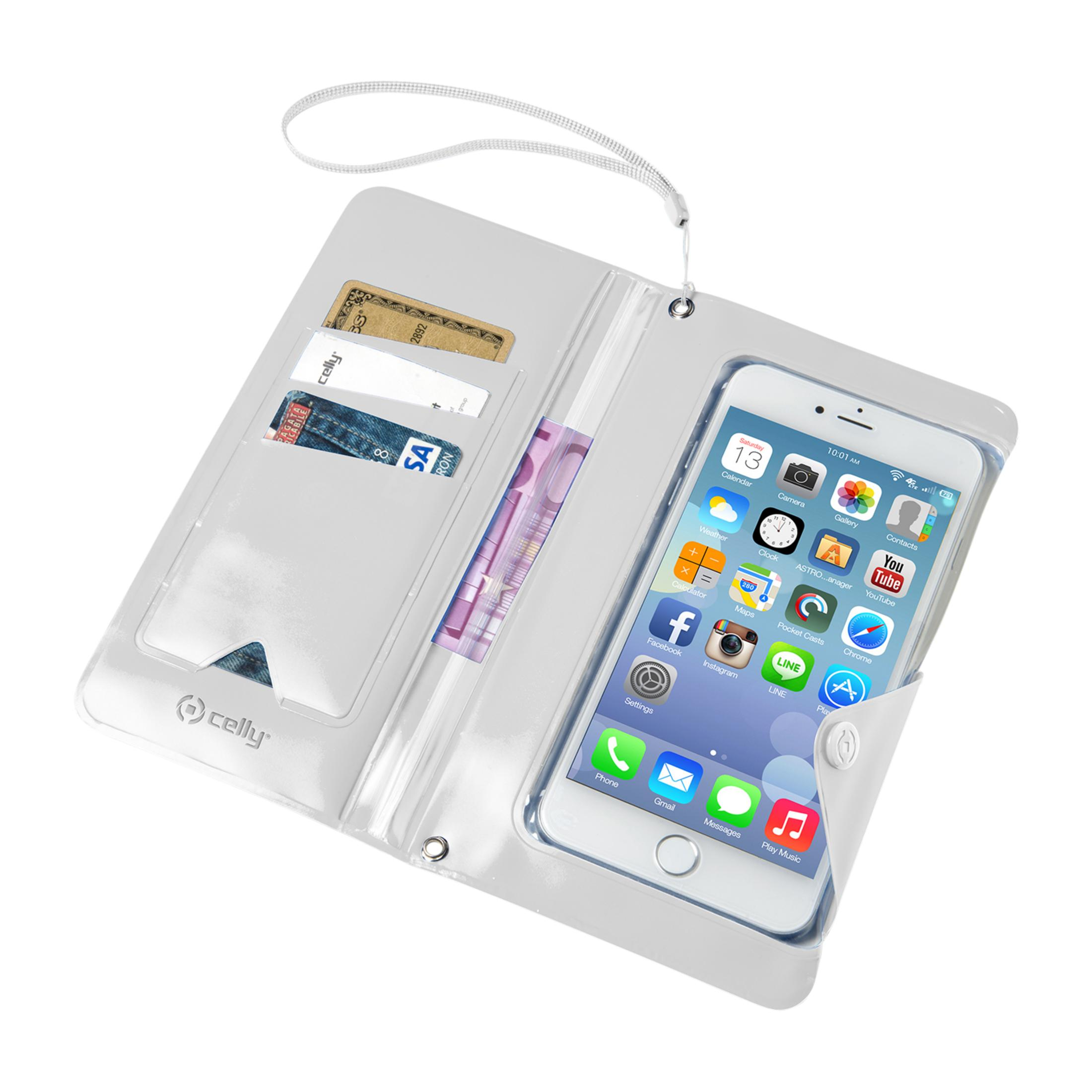 Una custodia bianca per telefono con banconote e carte.