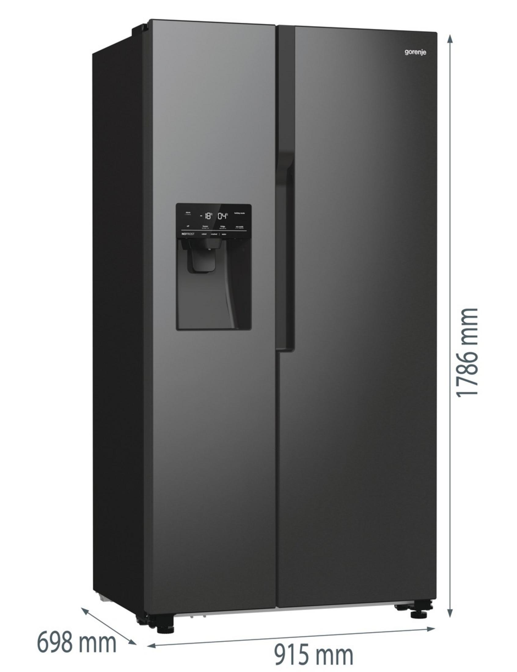 Ein schwarzer Gorenje-Kühlschrank mit zwei Türen, Wasserspender und Maßen.
