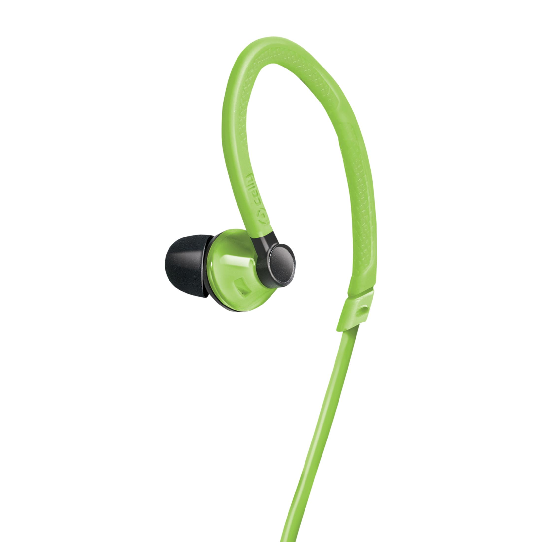 Auricolare verde lime con gommino nero e gancio texturizzato.