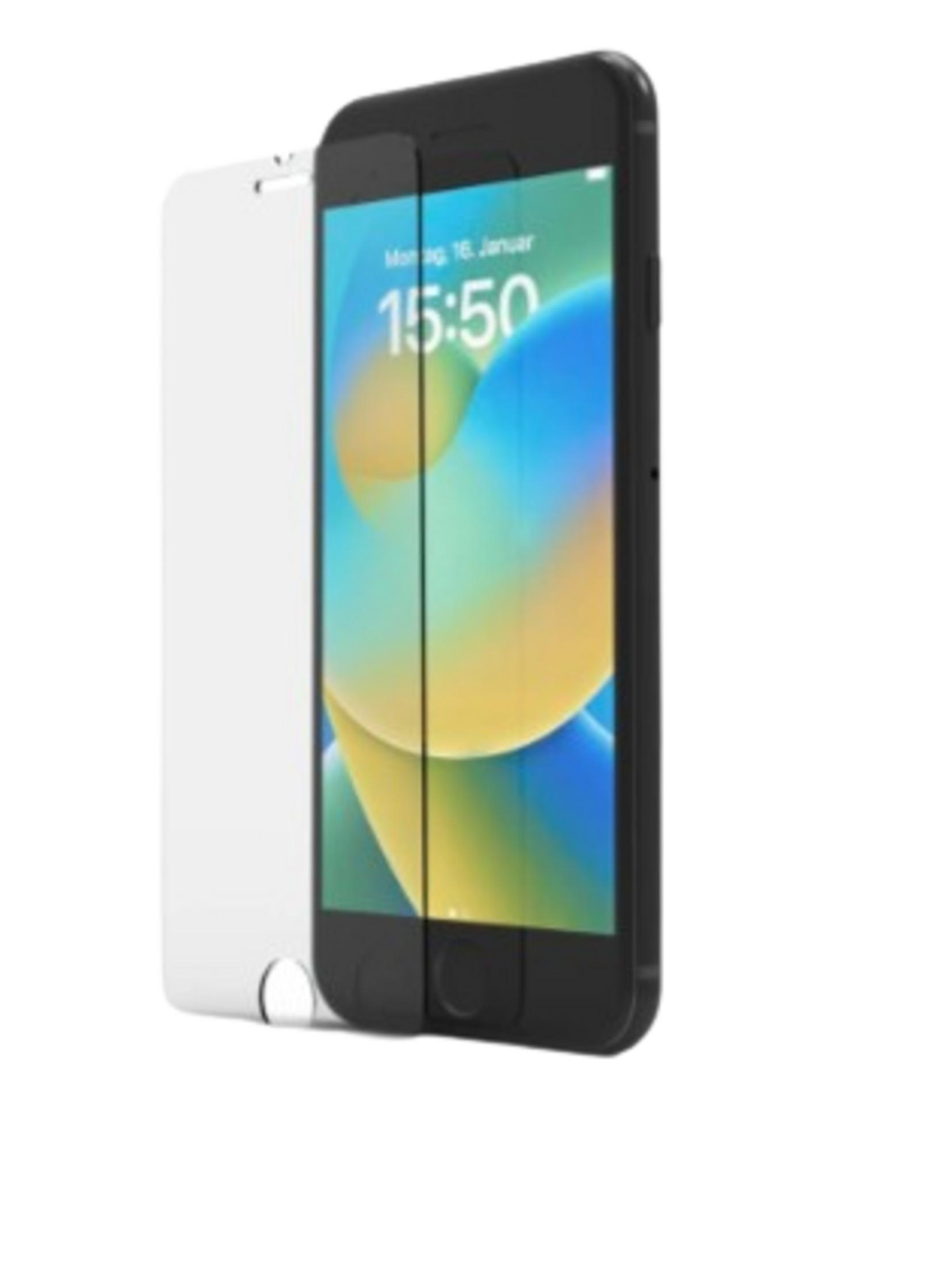 Uno smartphone nero con protezione schermo su sfondo bianco.