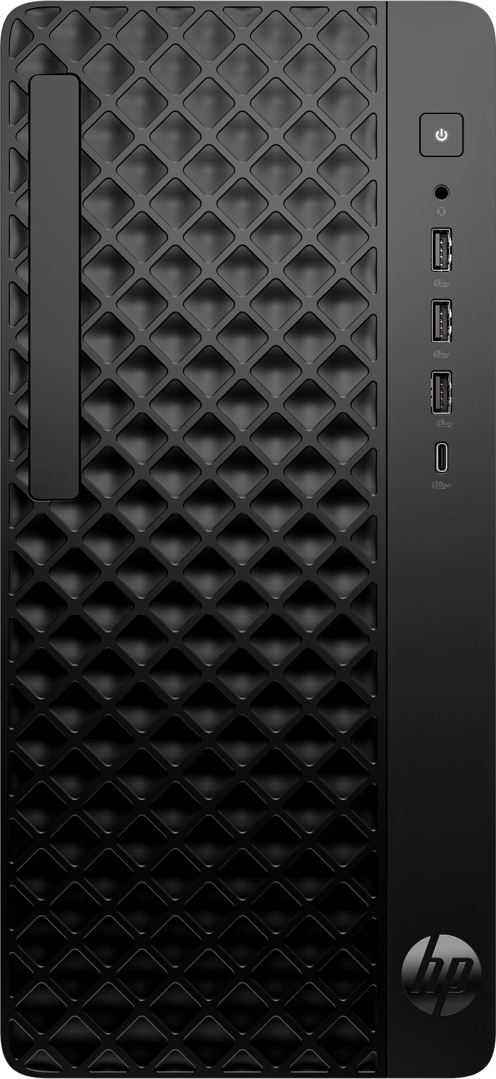 Computer desktop nero con pannello frontale a rombi, porte USB e pulsante di accensione.