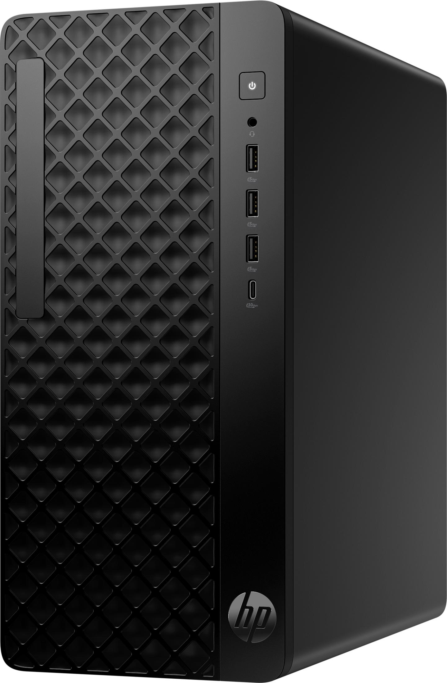 Tower PC nero con pannello frontale testurizzato e logo HP. Pulsante di accensione in alto.