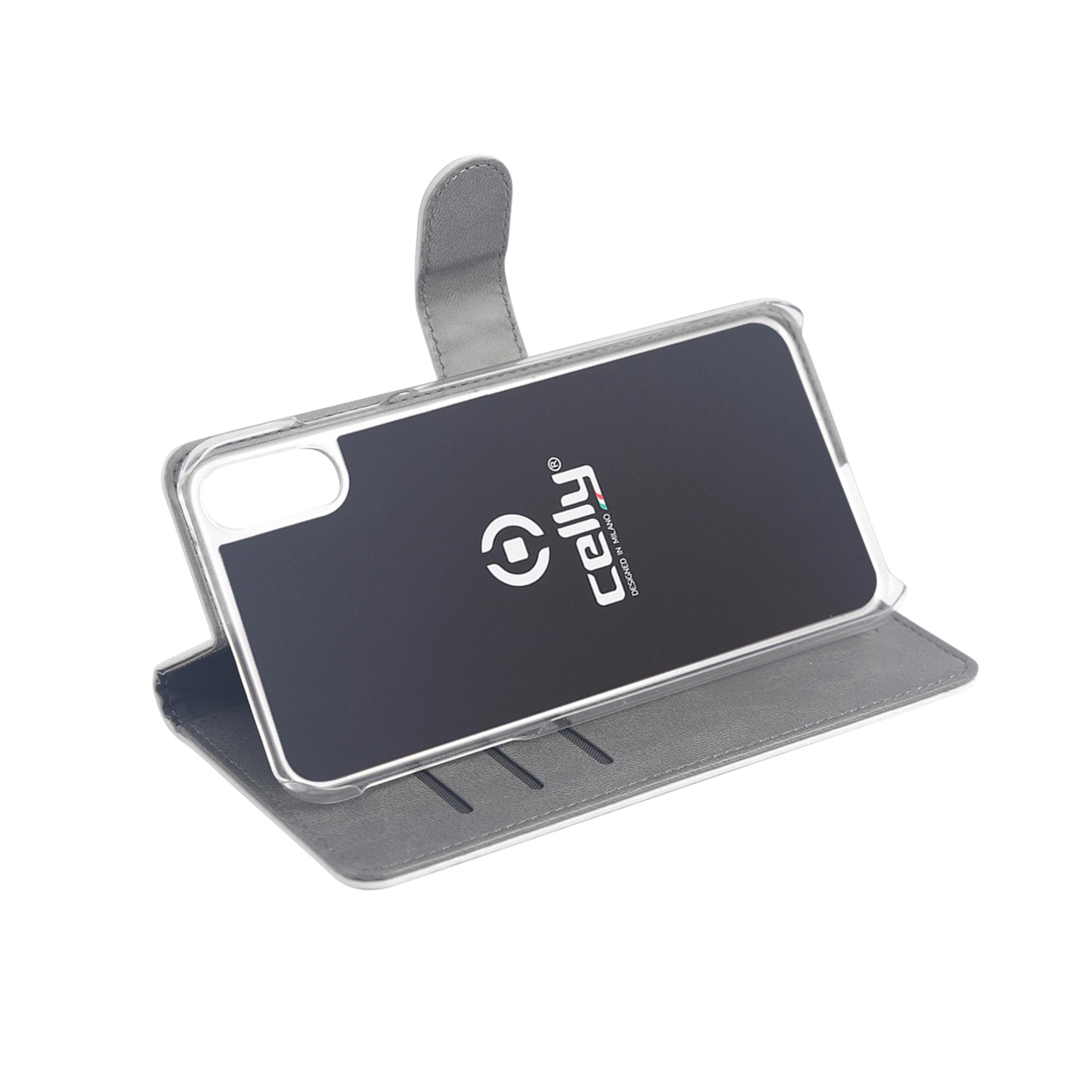 Custodia grigia per telefono con copertina apribile e interno nero con logo.