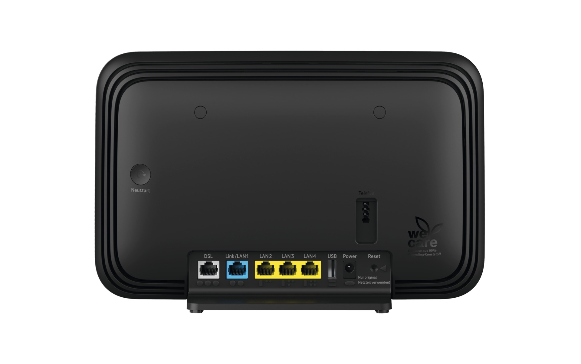 Achterkant van een zwarte router met poorten: Neustart, Telefon, DSL, 4x LAN, USB, Power, Reset.