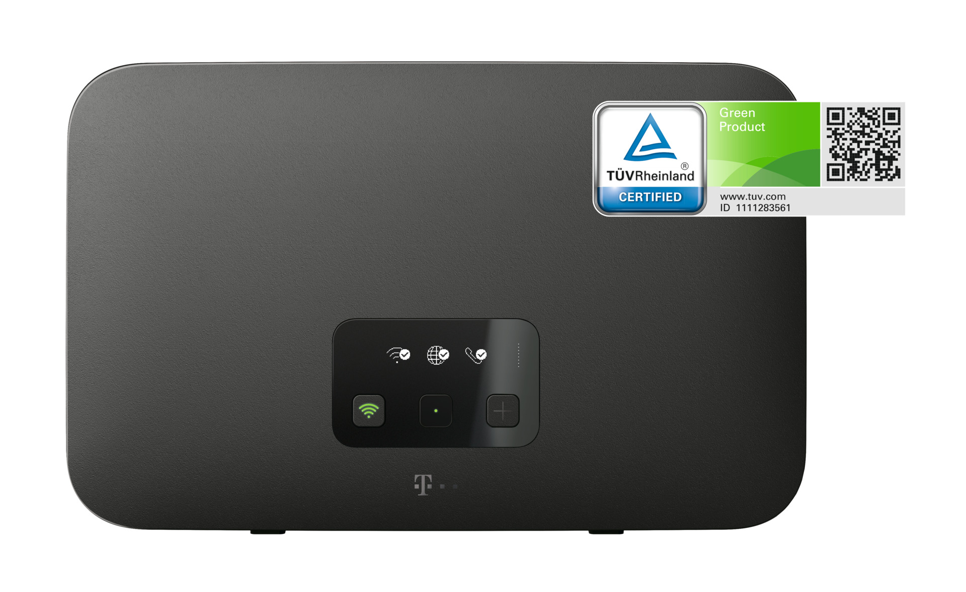 Zwart apparaat met T-logo en certificeringsstickers.