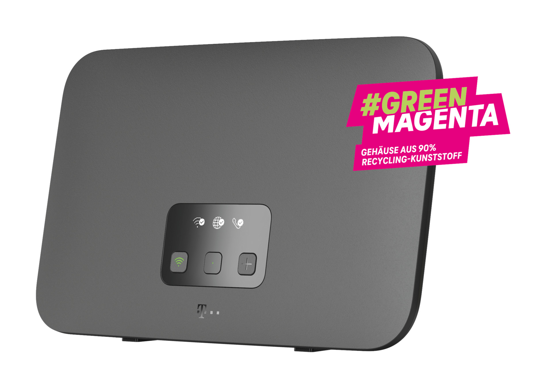 Grijze router met #Green Magenta sticker en T-logo.