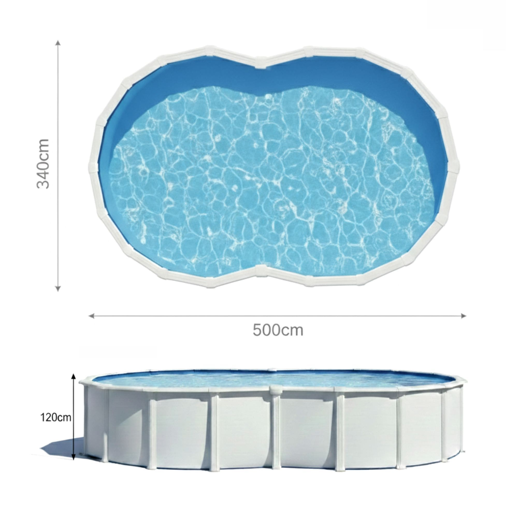 Piscina ovalada con agua azul, estructura blanca. Dimensiones: 500x340x120cm.