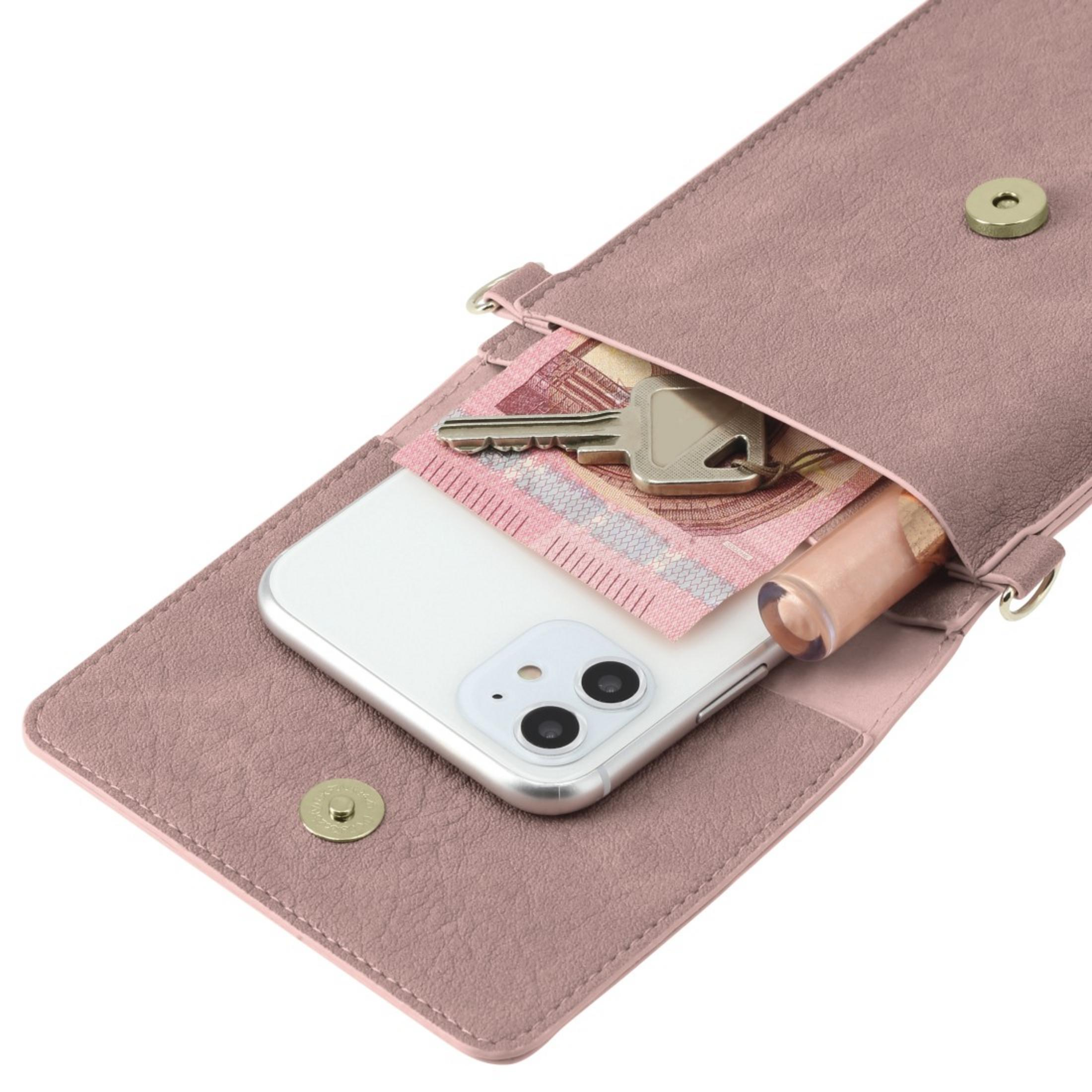 Eine rosafarbene Tasche mit Handy, Schlüssel und Geldscheinen.