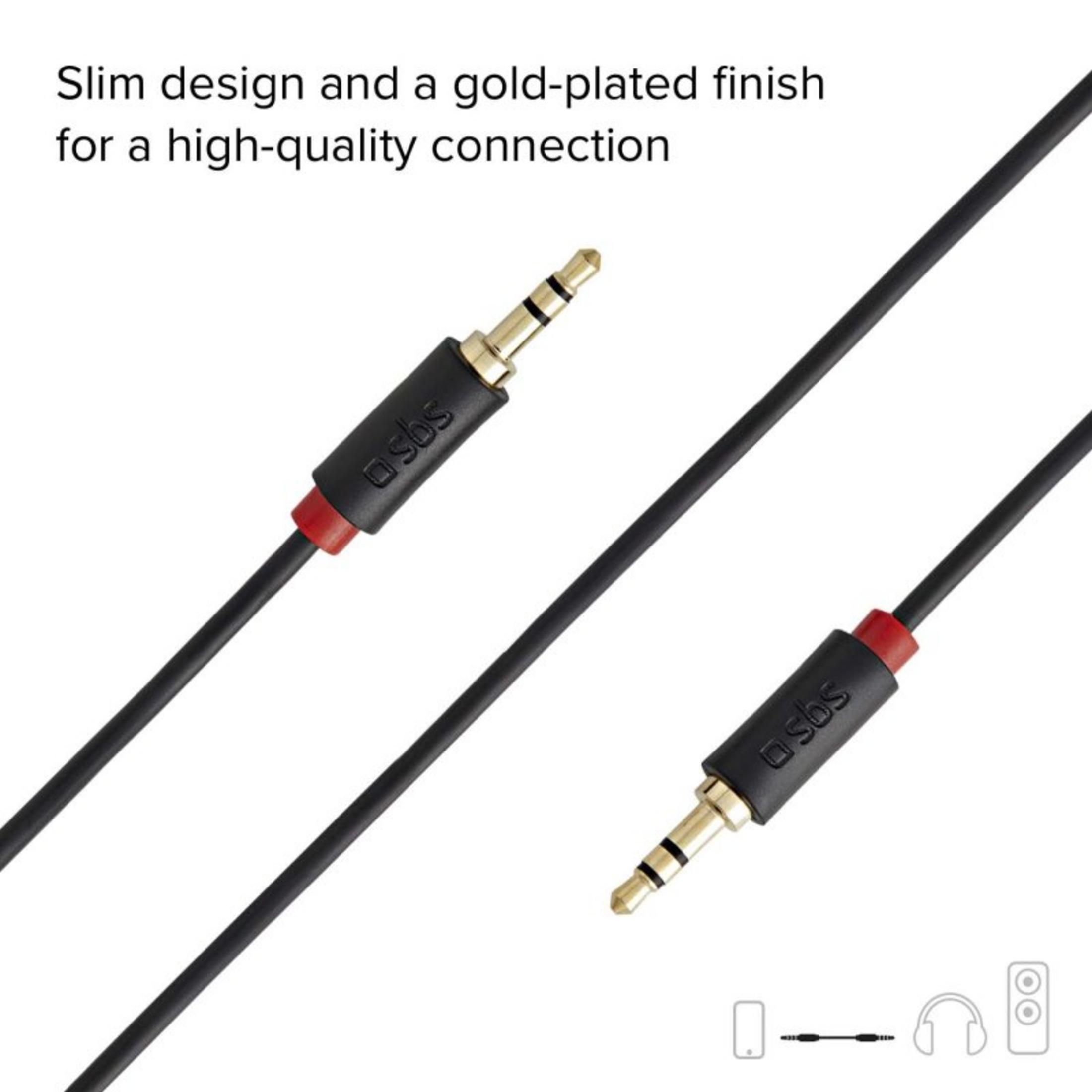 Zwei schwarze Kabel mit 3,5-mm-Steckern mit SBS-Logo und rotem Ring.