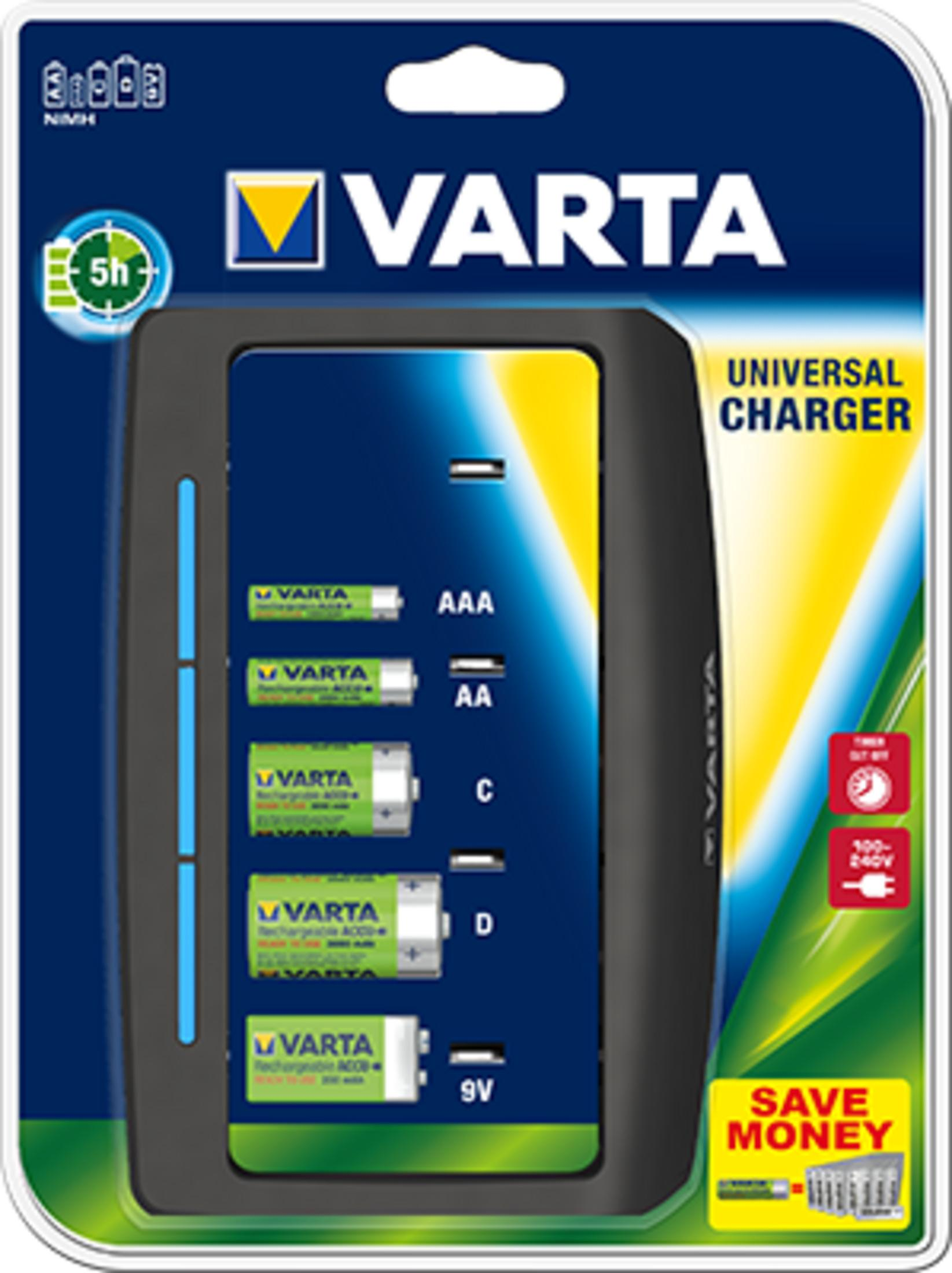 Varta Universal Ladegerät mit AAA-, AA-, C-, D- und 9V-Akkus.
