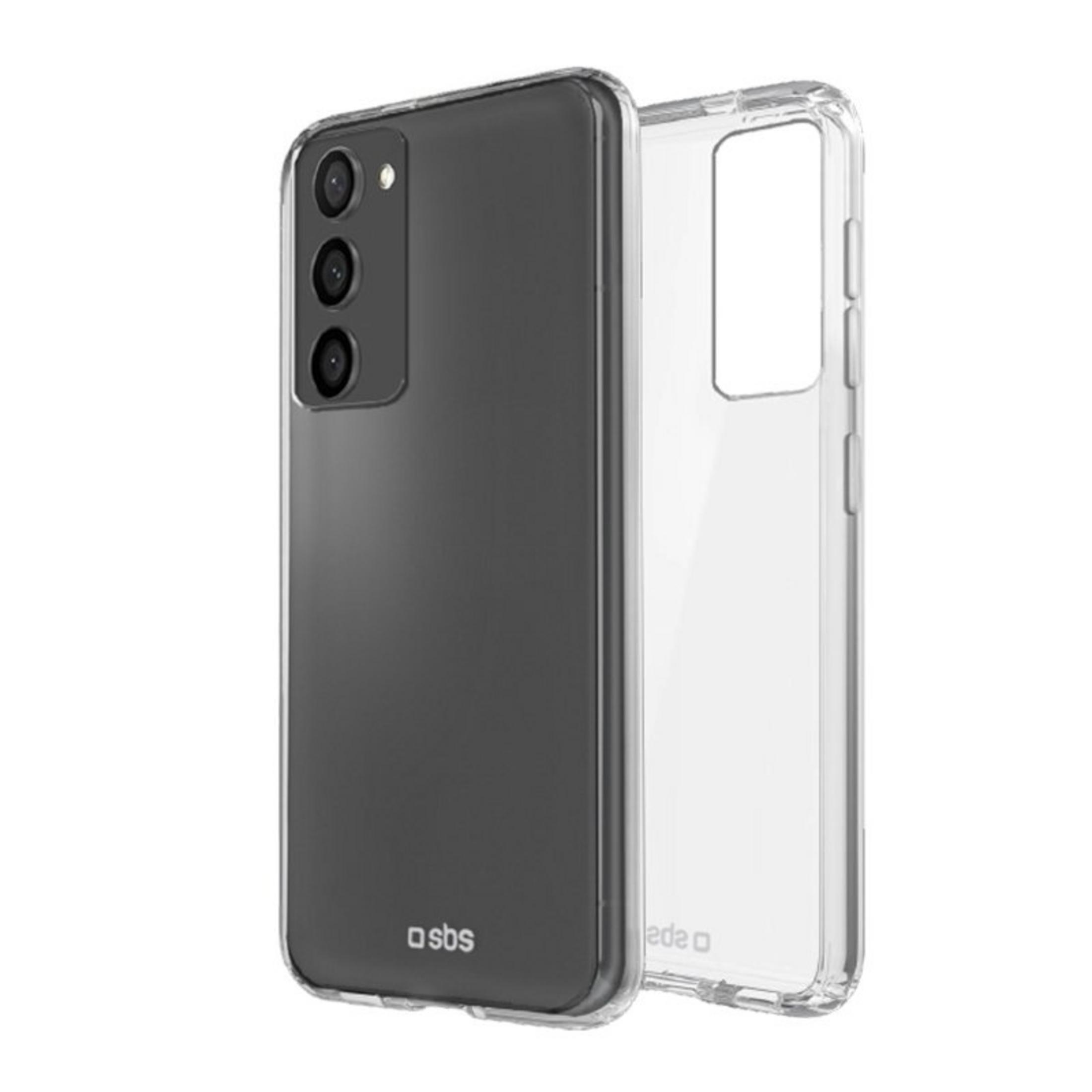 Uno smartphone scuro con tre fotocamere e una custodia trasparente.