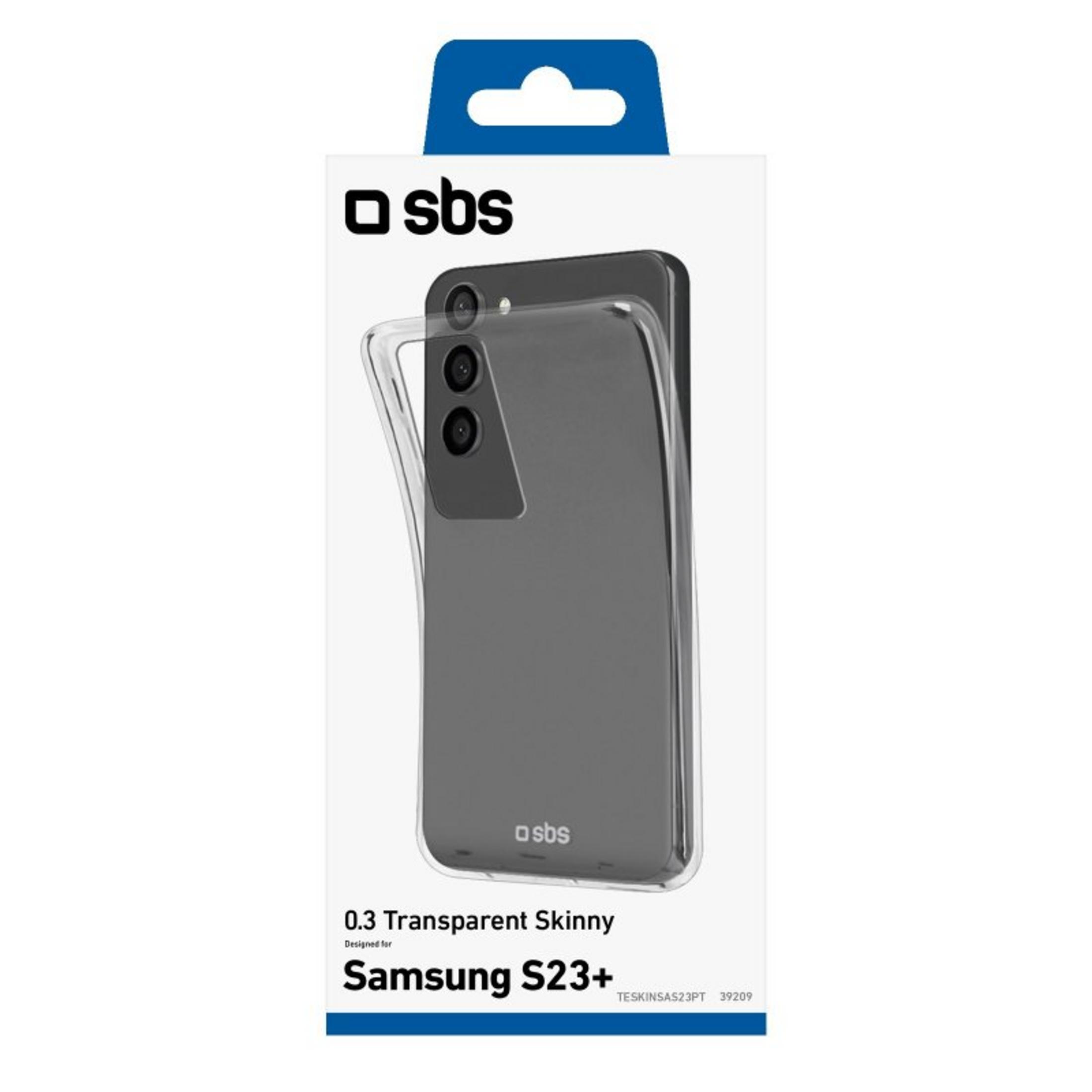 Custodia trasparente per Samsung S23+ su sfondo bianco.