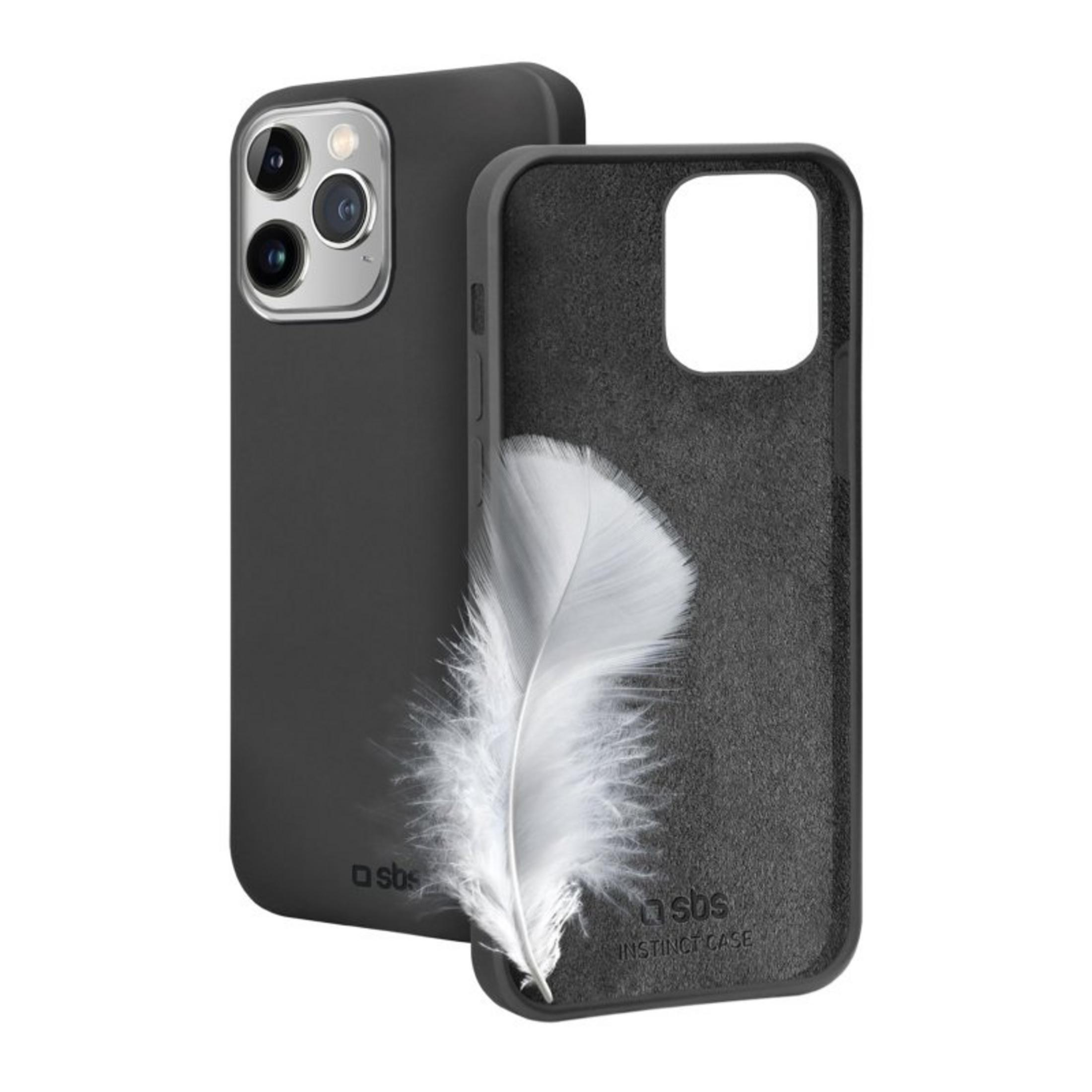 Cover nera per iPhone con fotocamera, piuma bianca all'interno.