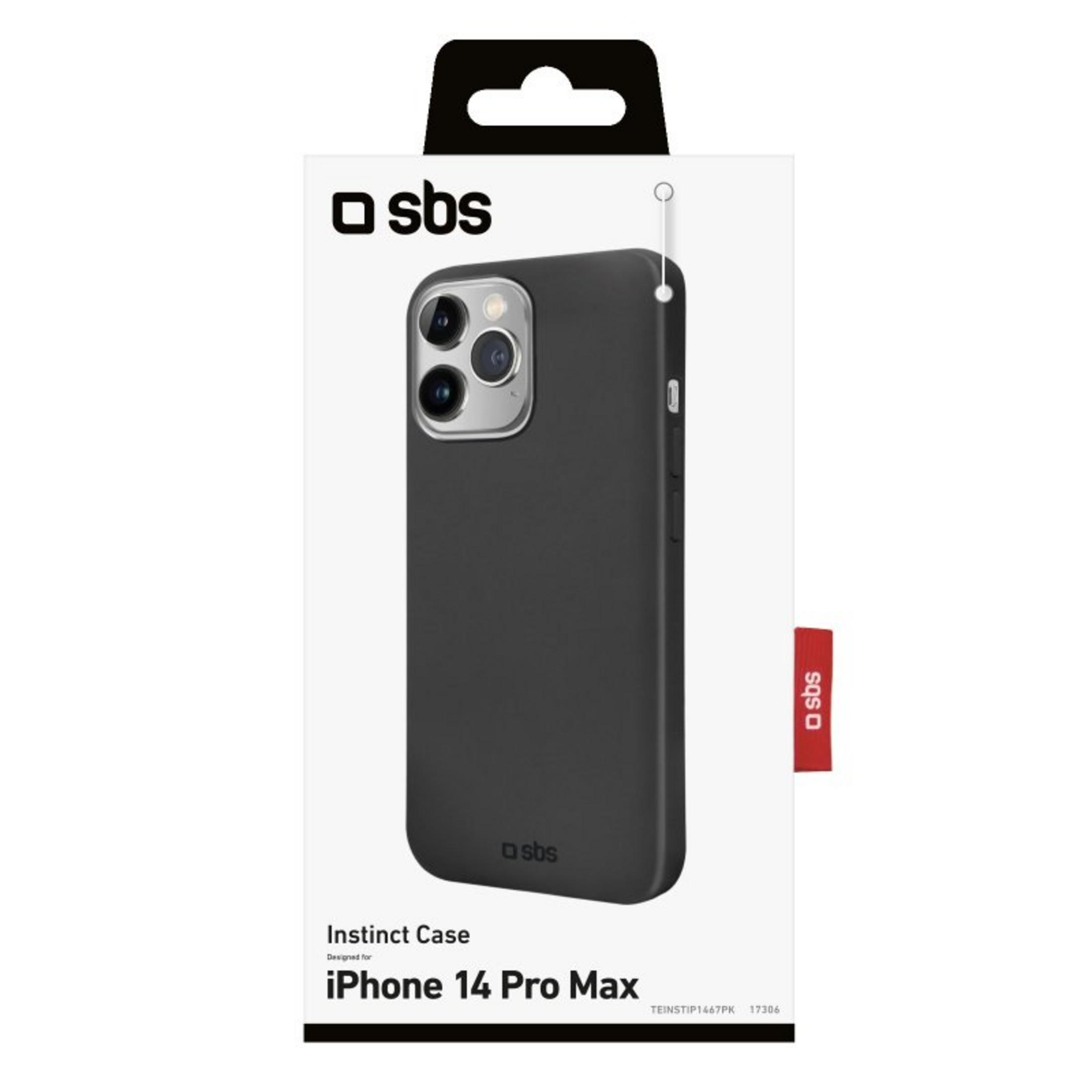 Cover nera per iPhone 14 Pro Max su confezione bianca con logo SBS.