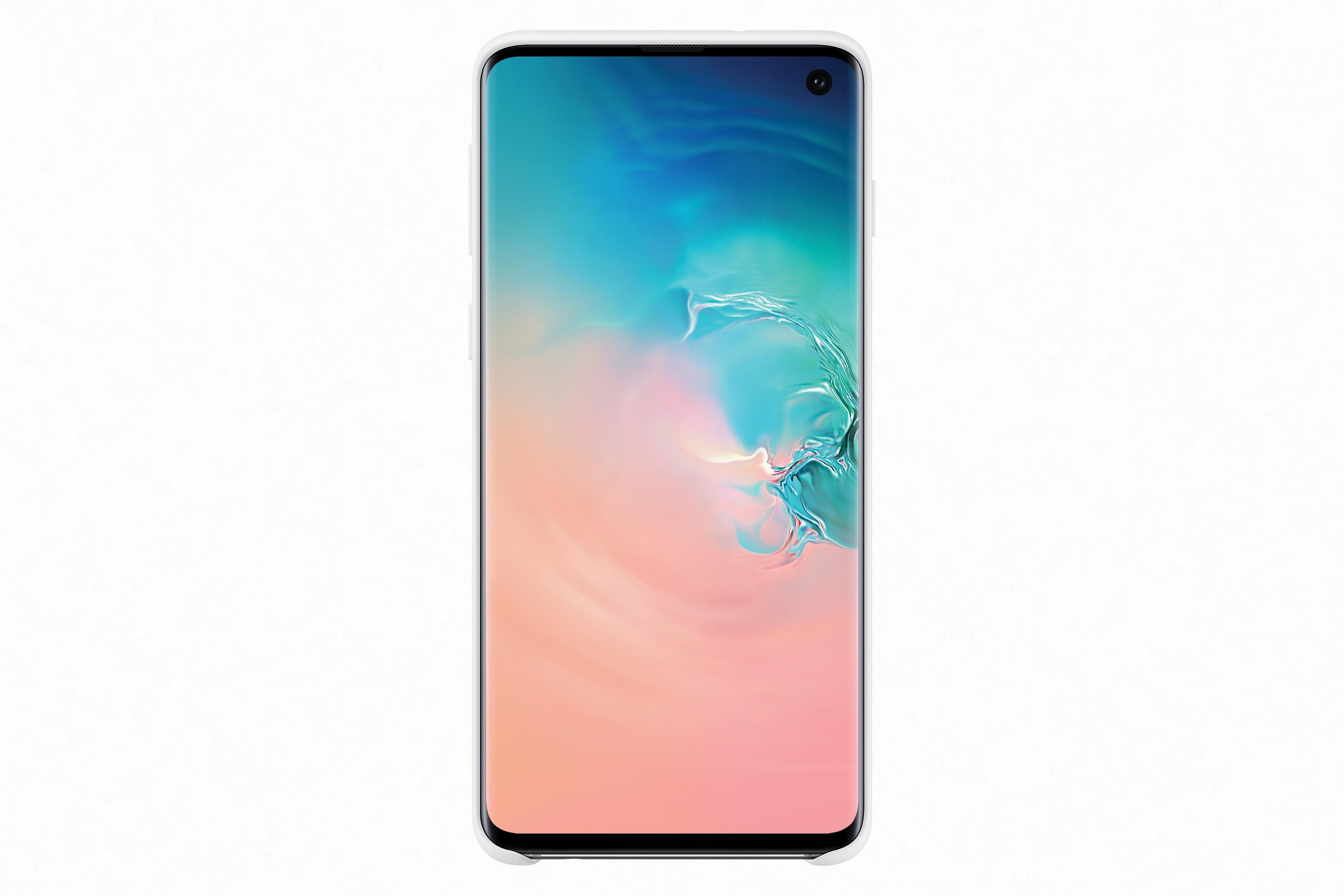 Uno smartphone bianco con uno sfondo blu e rosa.