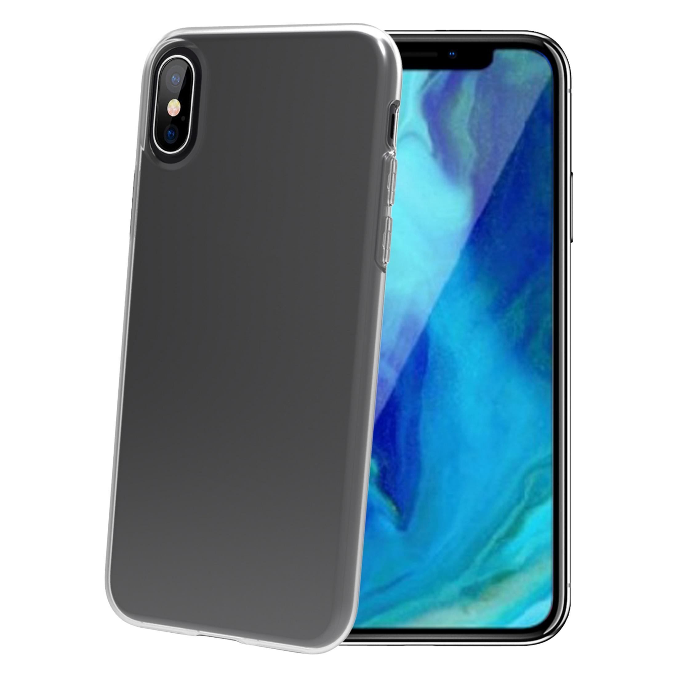Una custodia scura per telefono è accanto a uno smartphone con sfondo blu.